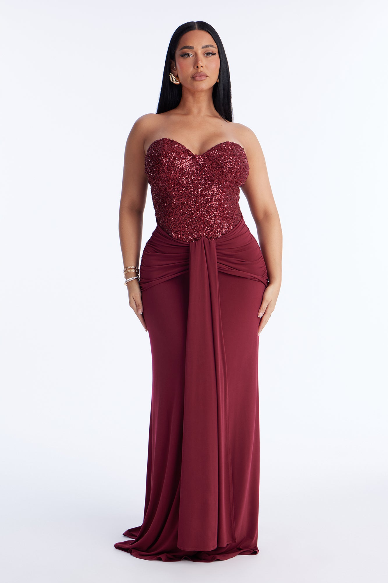 Dream Girl Draped Sequin Gown - Burgundy - Image 1