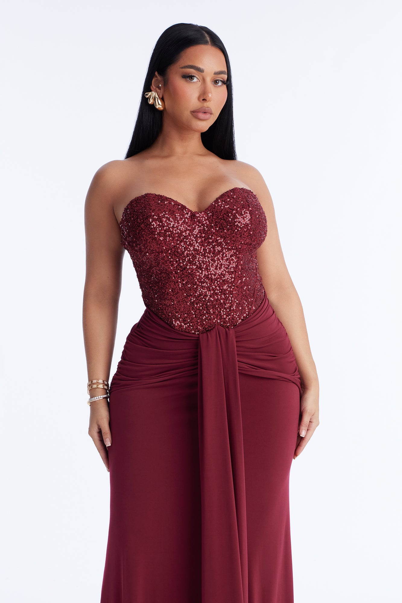 Dream Girl Draped Sequin Gown - Burgundy - Image 2