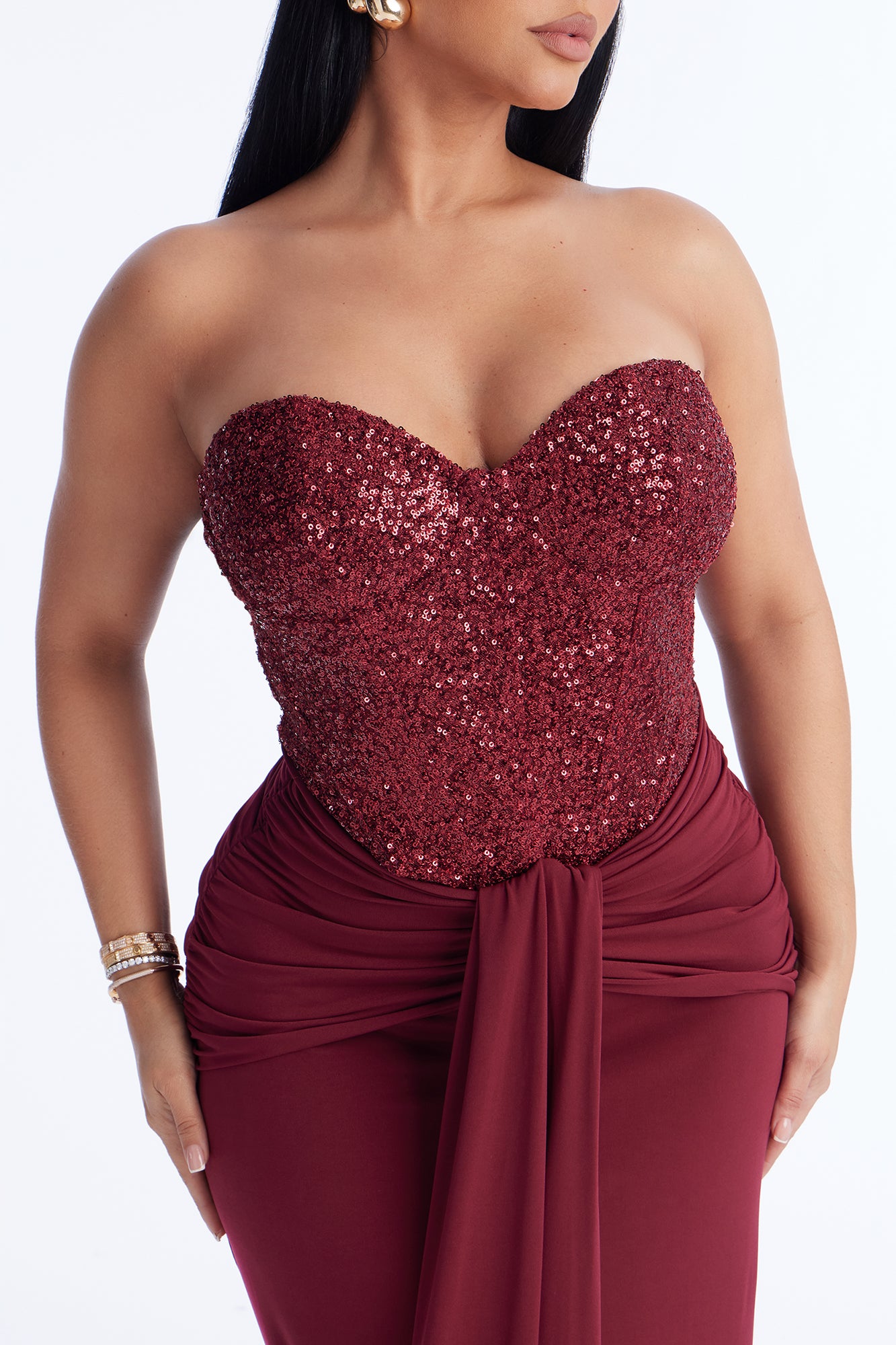 Dream Girl Draped Sequin Gown - Burgundy - Image 3