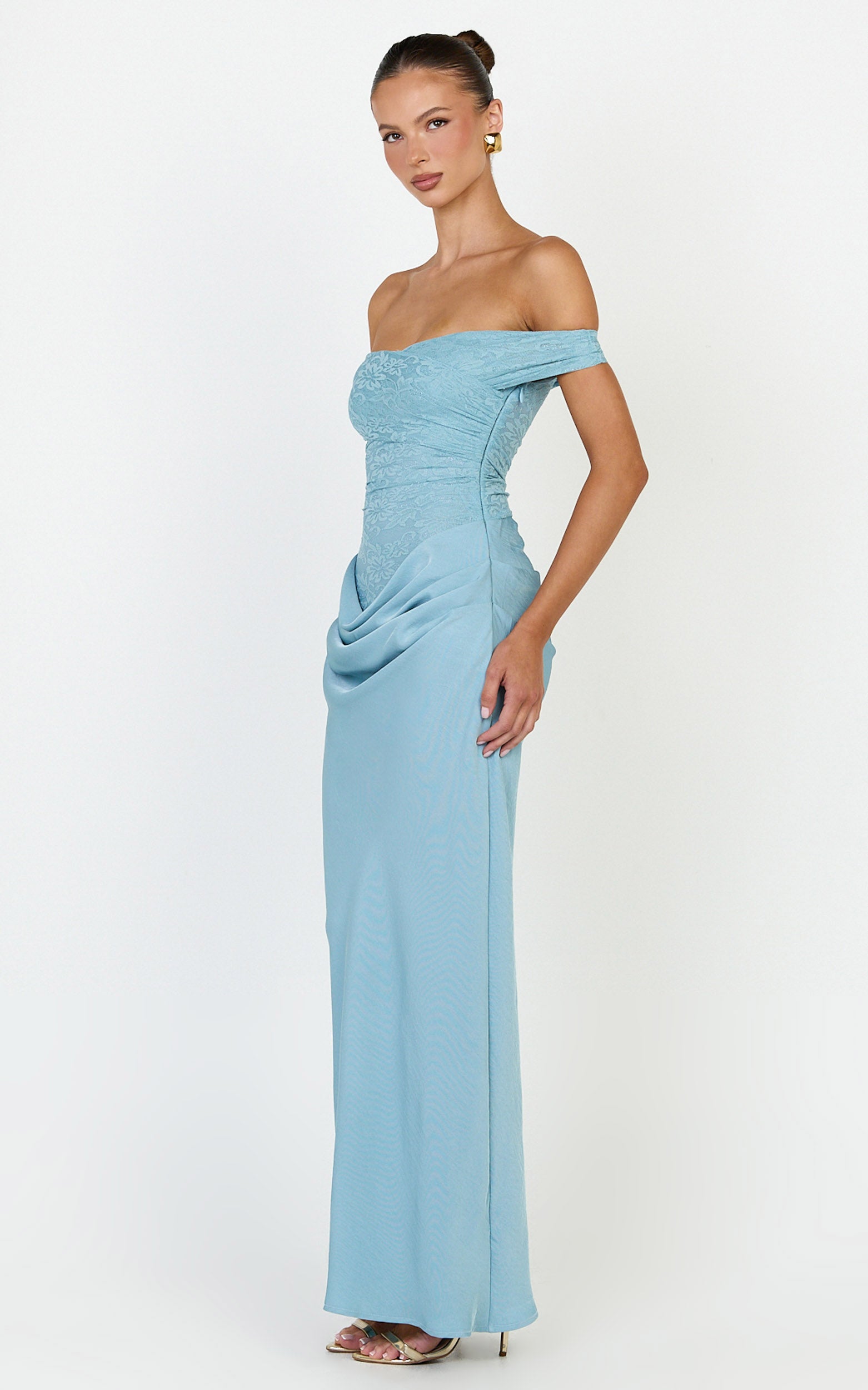 Thalassa Maxi Dress - Lace Off Shoulder Contrast Draped Cowl Waist Dress in Light Blue - View 3