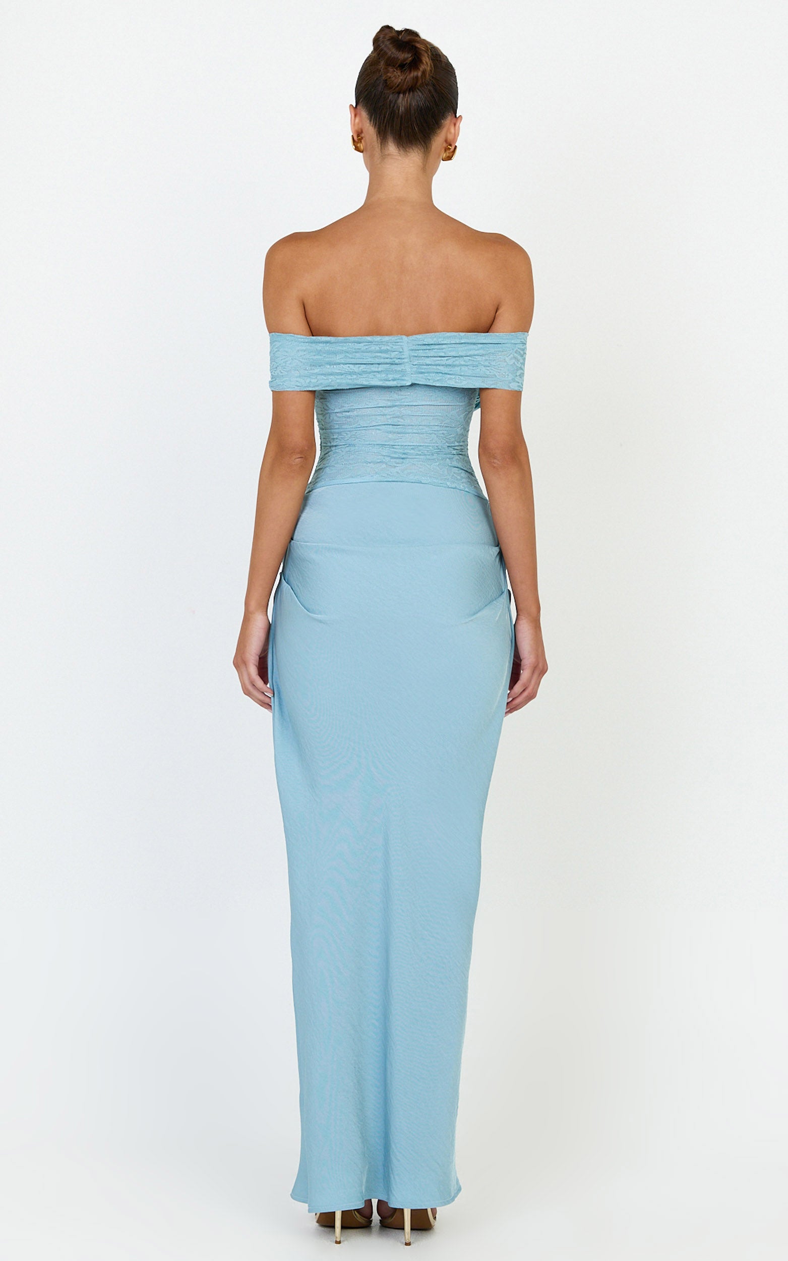 Thalassa Maxi Dress - Lace Off Shoulder Contrast Draped Cowl Waist Dress in Light Blue - View 8