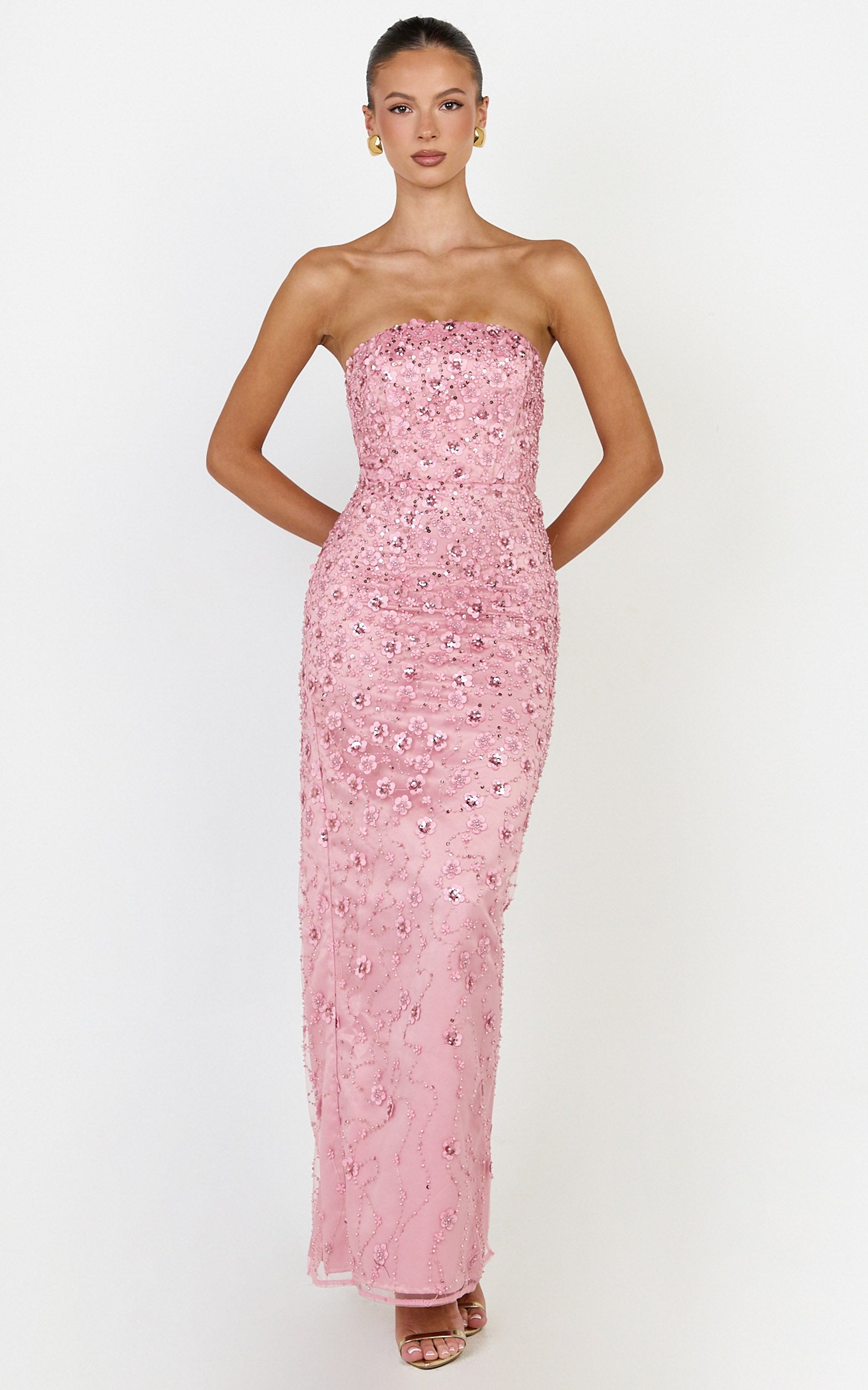 Leona Maxi Dress - Strapless Sequin Column Dress in Pink - View 3