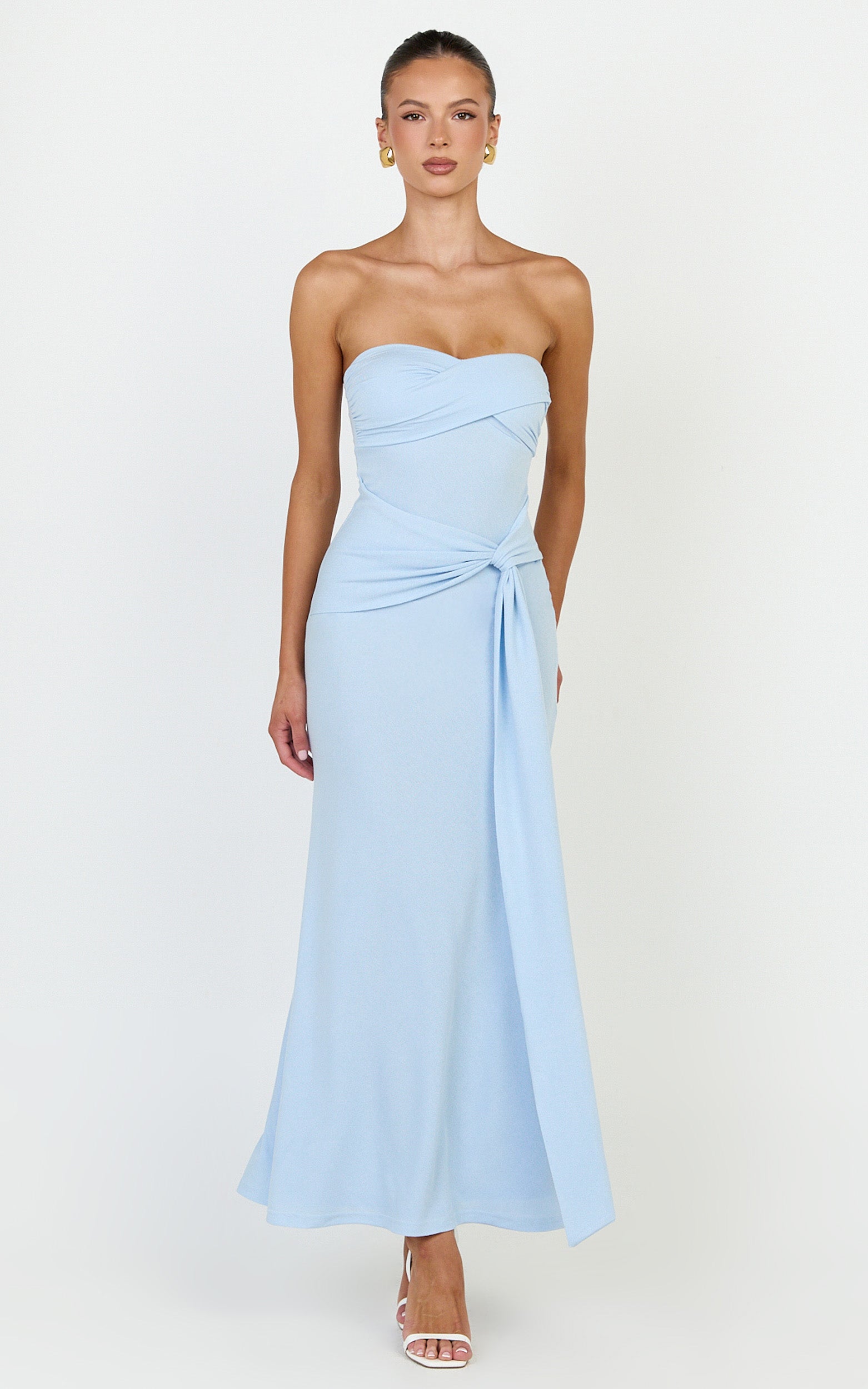 Aria Midi Dress - Strapless Tie Waist Dress in Light Blue - View 3