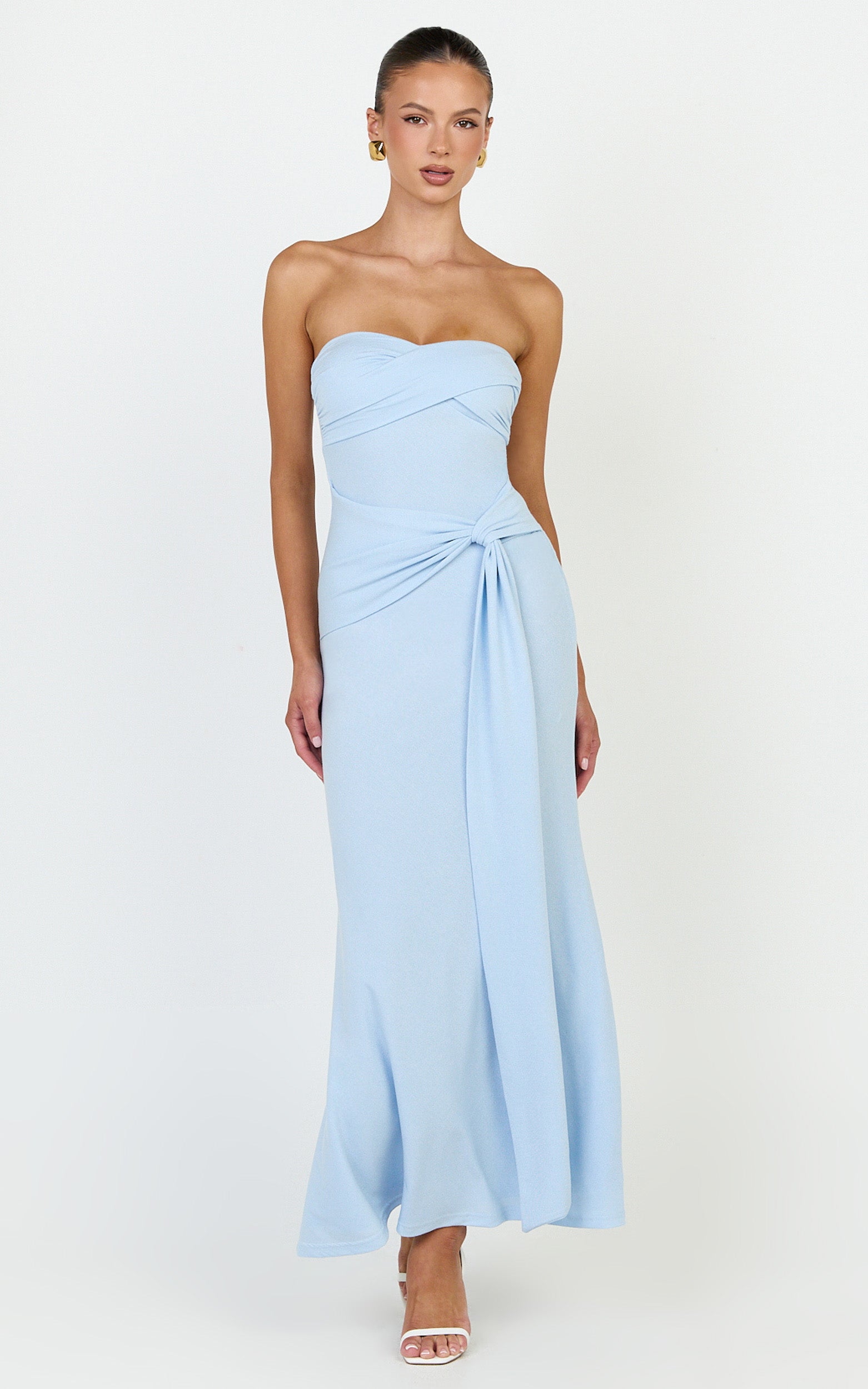 Aria Midi Dress - Strapless Tie Waist Dress in Light Blue - View 4