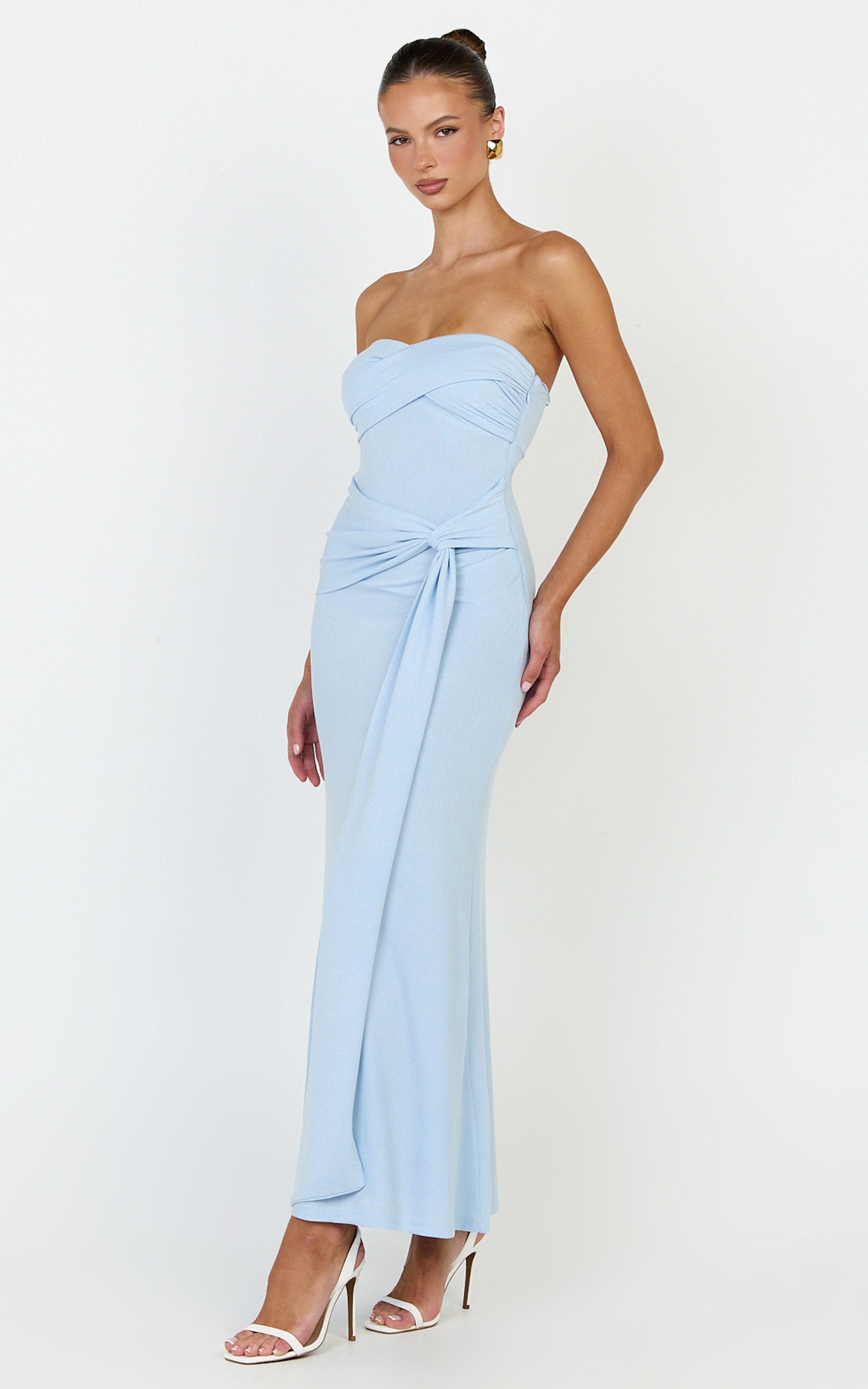 Aria Midi Dress - Strapless Tie Waist Dress in Light Blue - View 2