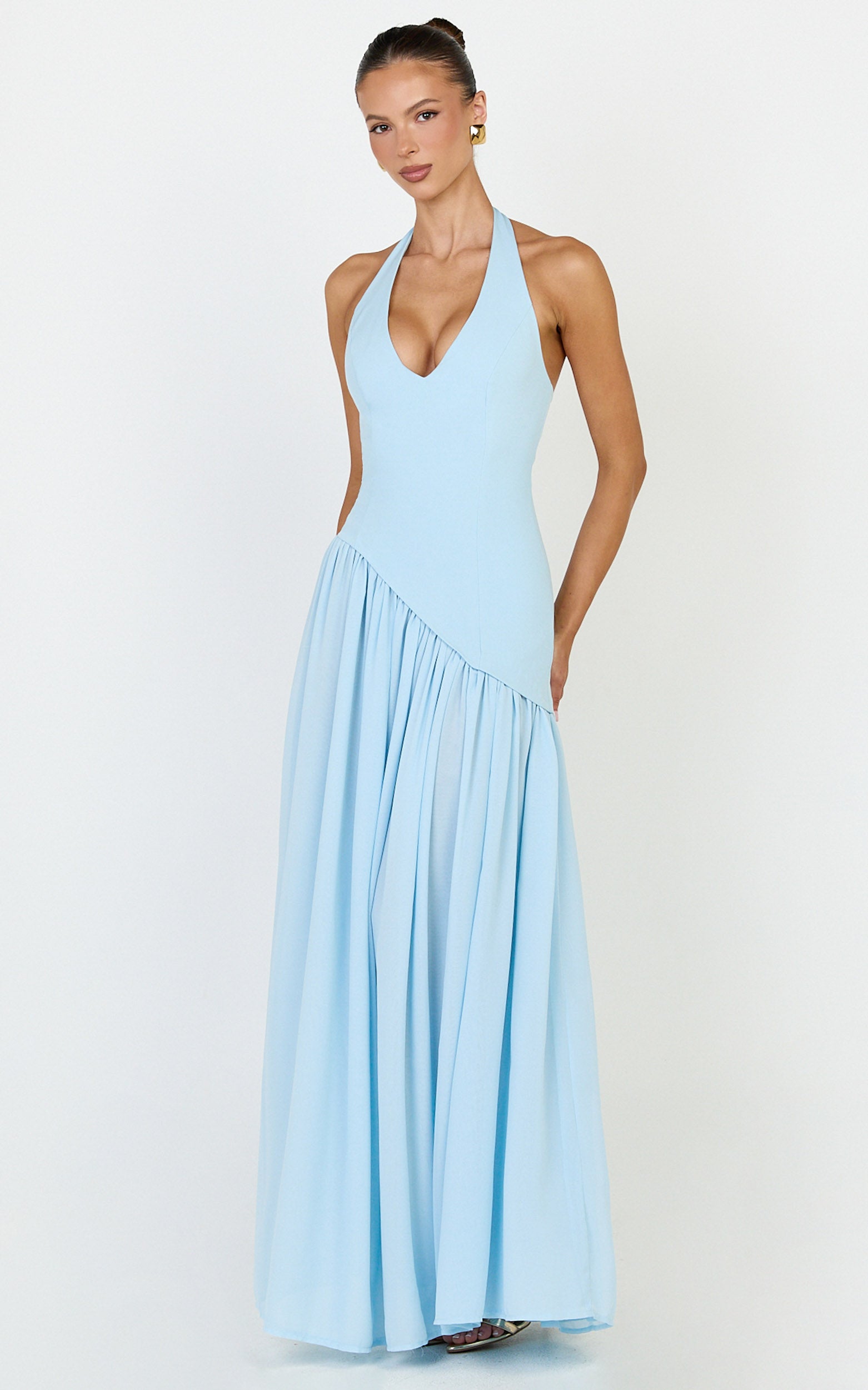 Calla Maxi Dress - Halter Neck Asymmetric Dropped Waist Dress in Blue - View 4