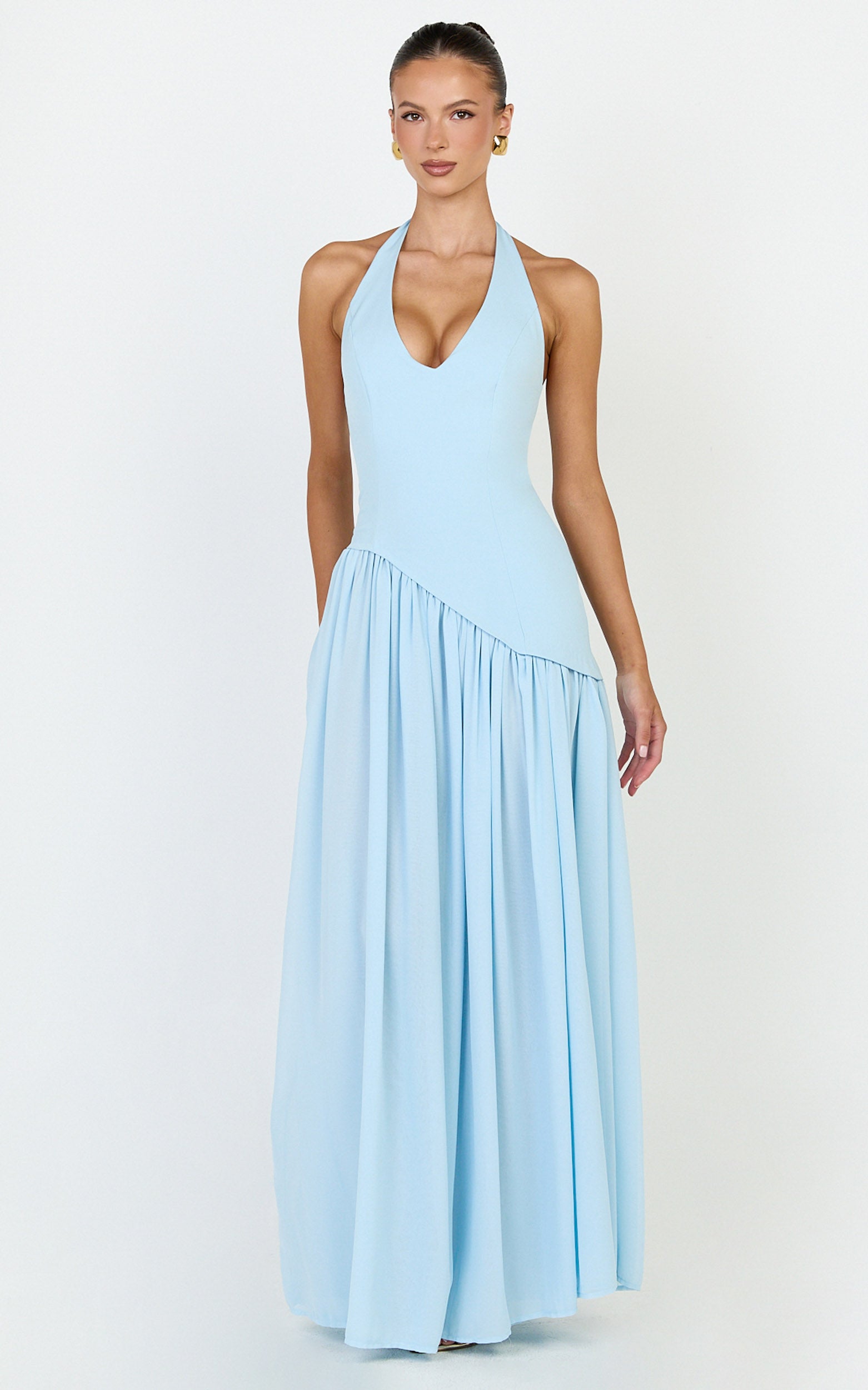 Calla Maxi Dress - Halter Neck Asymmetric Dropped Waist Dress in Blue - View 3