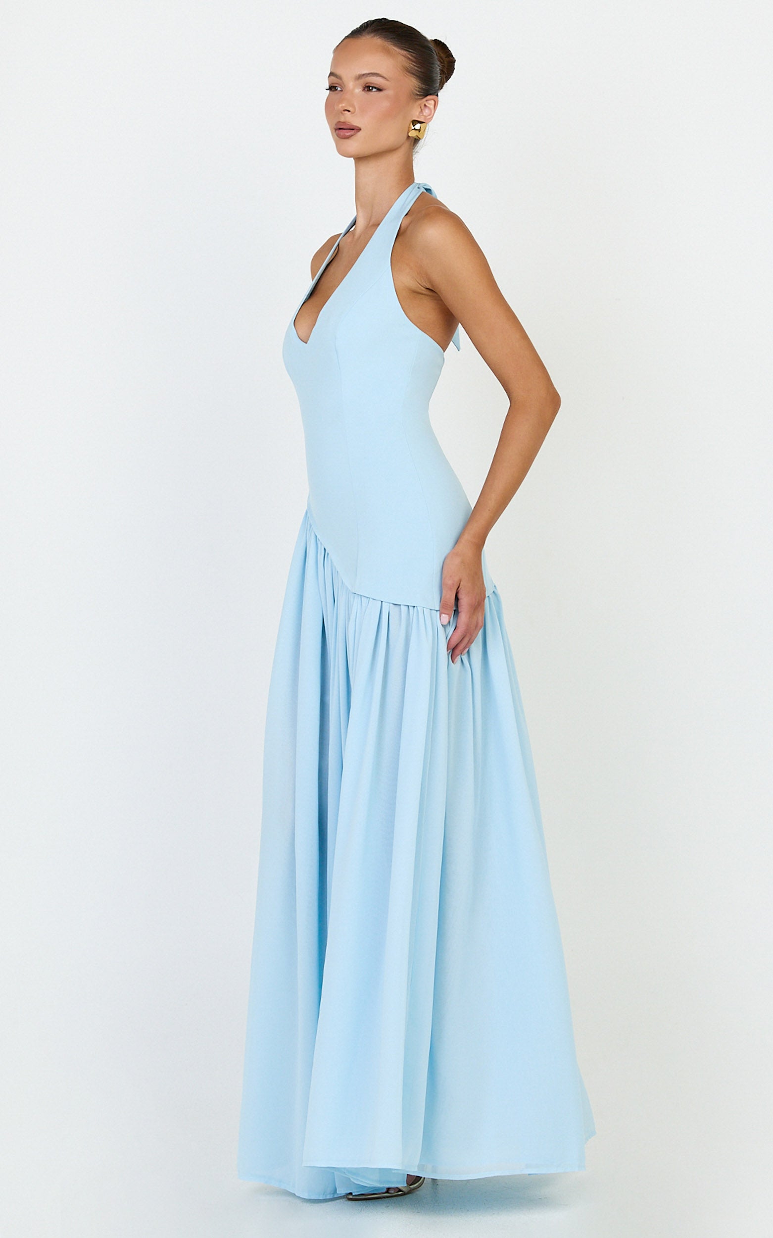 Calla Maxi Dress - Halter Neck Asymmetric Dropped Waist Dress in Blue - View 2