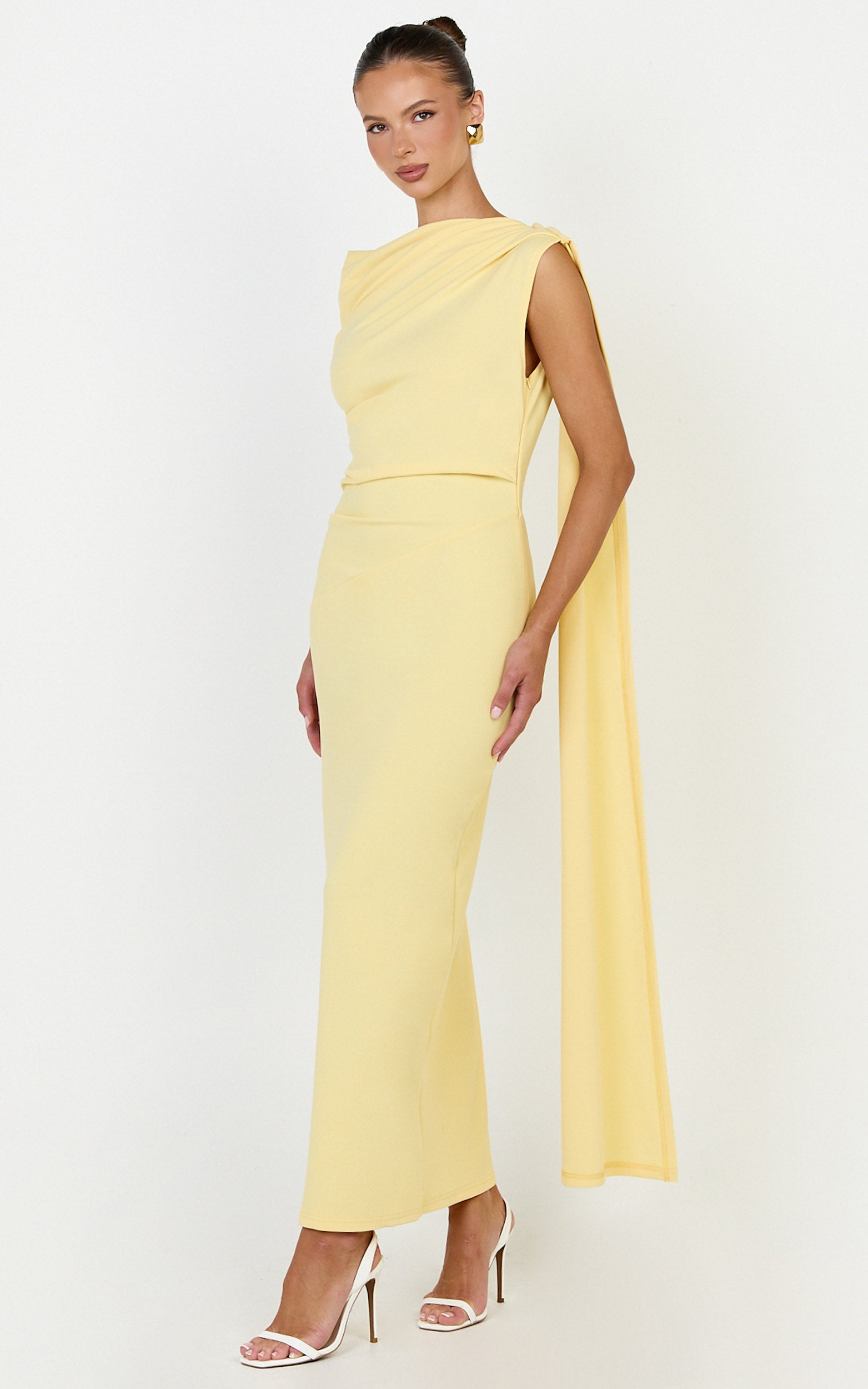 Visenta Midi Dress - Asymmetrical Sleeve Dress in Yellow - View 2