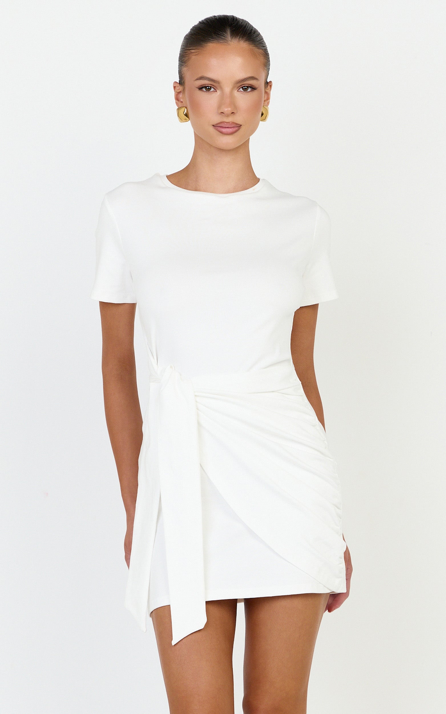 Candace Mini Dress - Faux Wrap Shift Dress in White - View 3