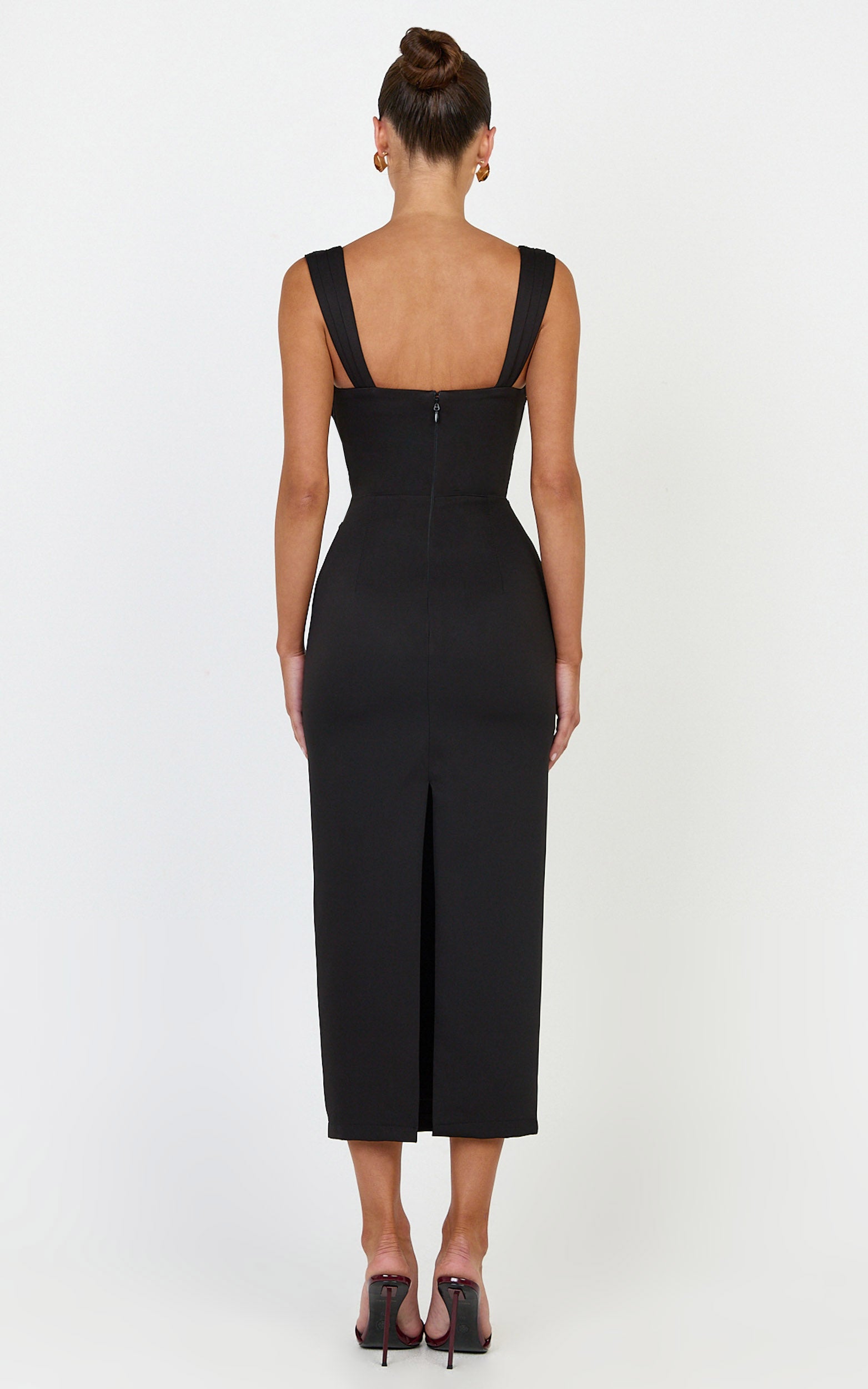 Kenna Midi Dress - Gathered Bust Tucked Waist Dress in Black - View 5