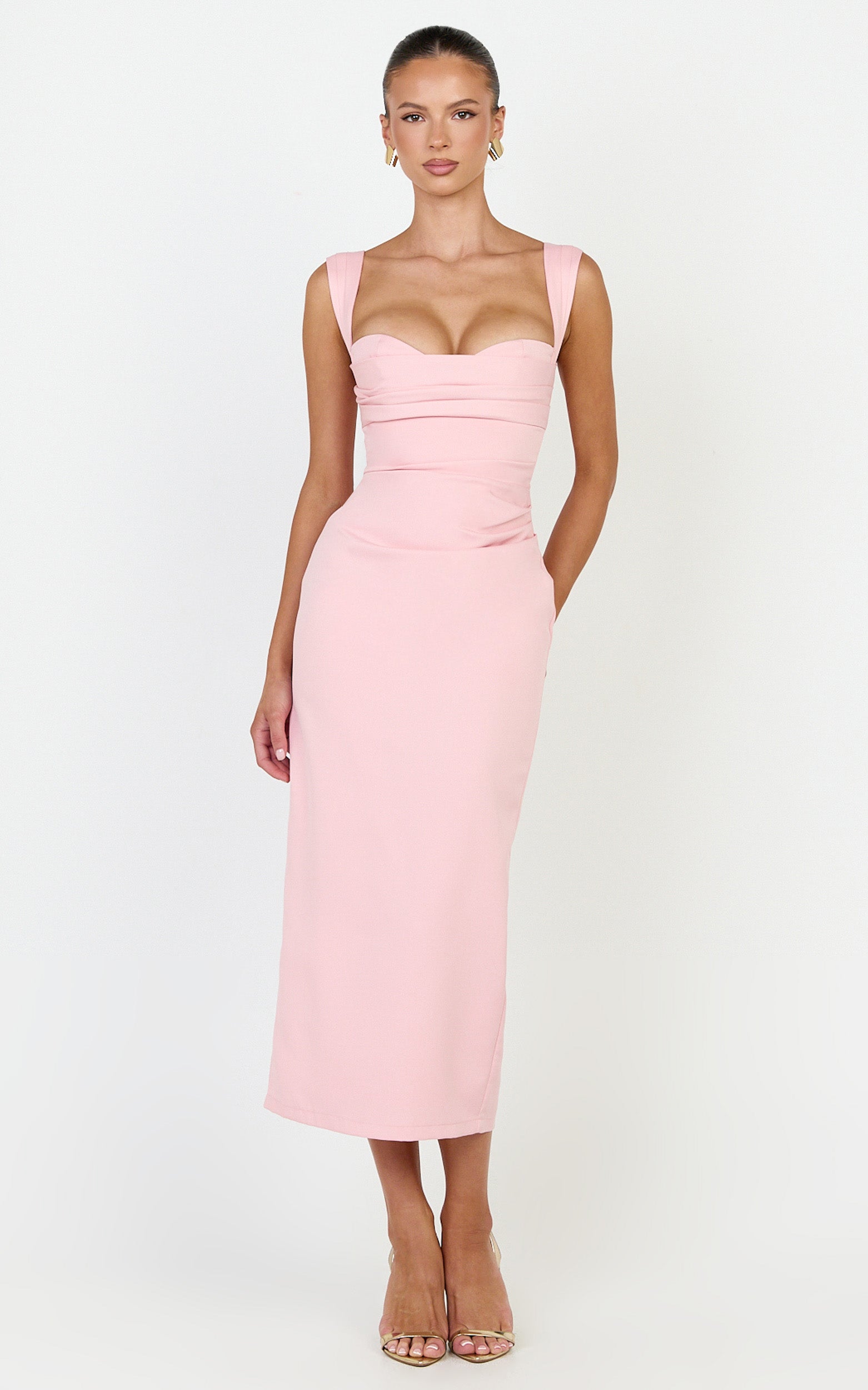 Kenna Midi Dress - Gathered Bust Tucked Waist Dress in Pink - View 3
