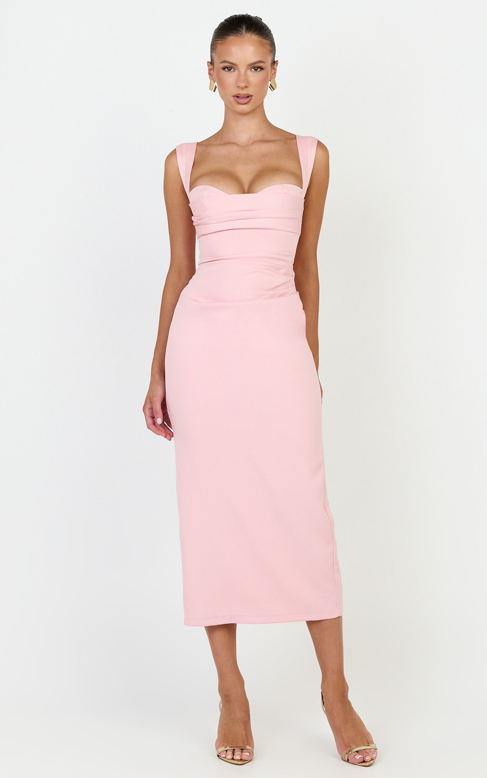 Kenna Midi Dress - Gathered Bust Tucked Waist Dress in Pink - View 4