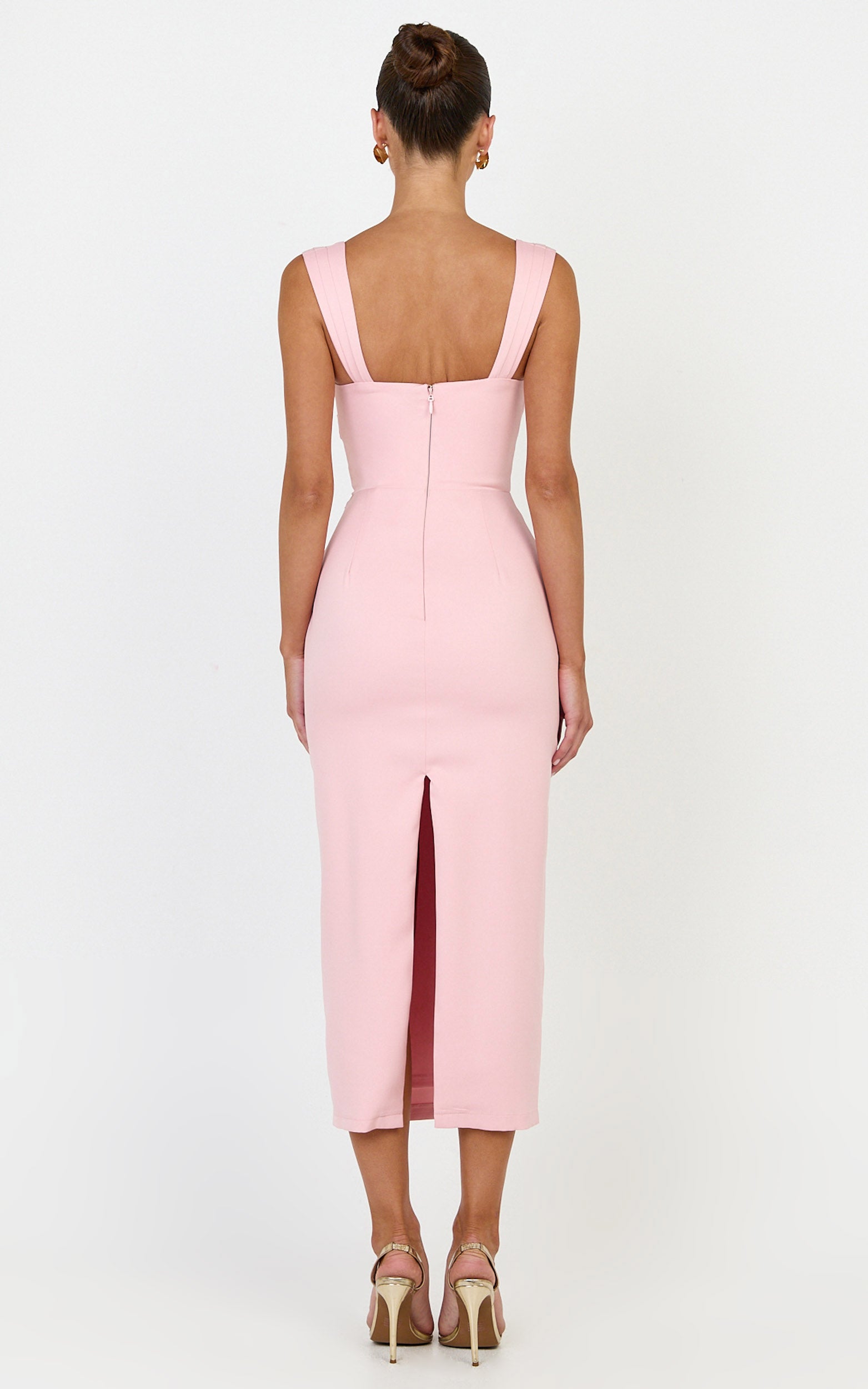 Kenna Midi Dress - Gathered Bust Tucked Waist Dress in Pink - View 5