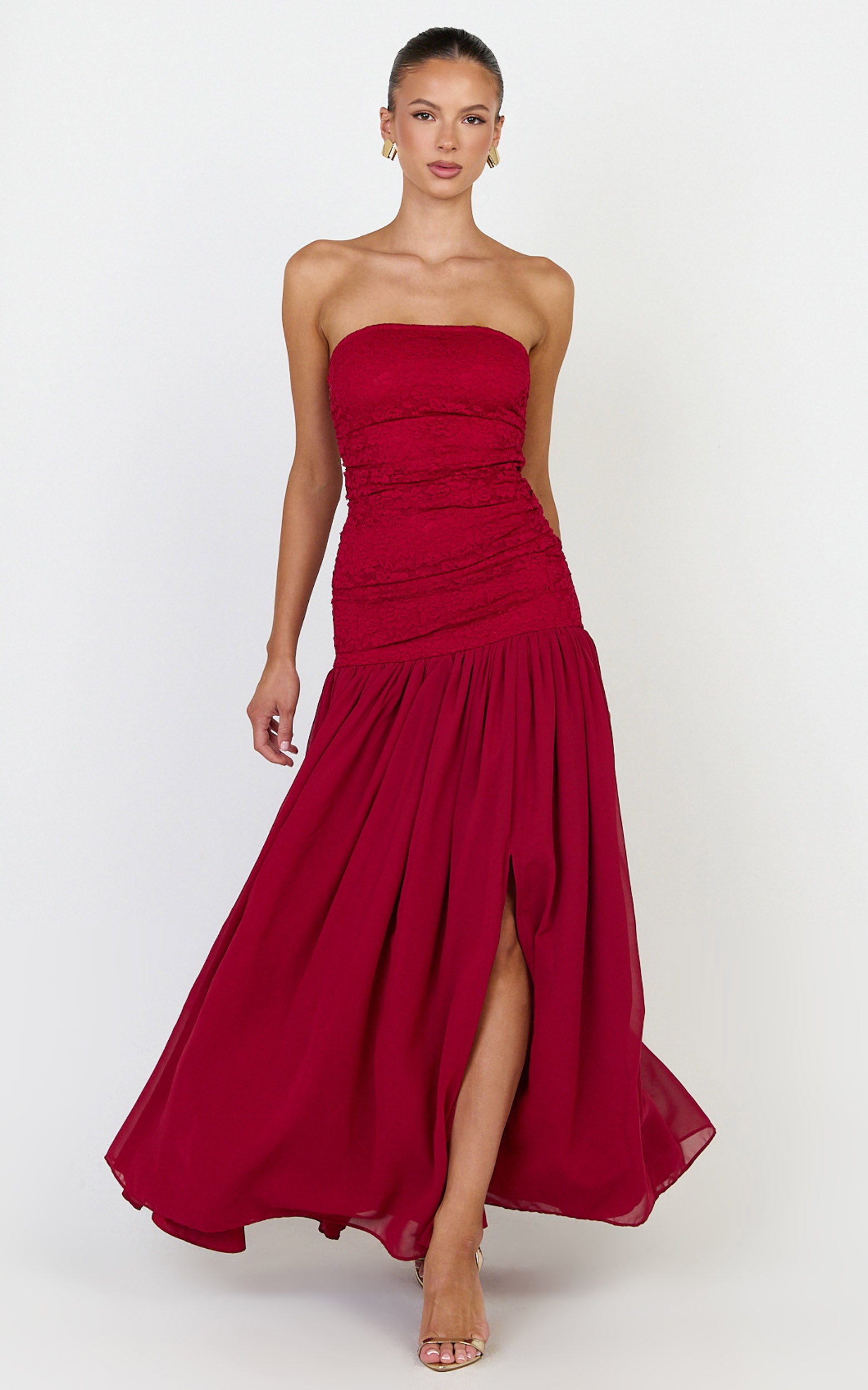 Kyra Maxi Dress - Strapless Lace Bodice Contrast Skirt Dress in Wine - View 3