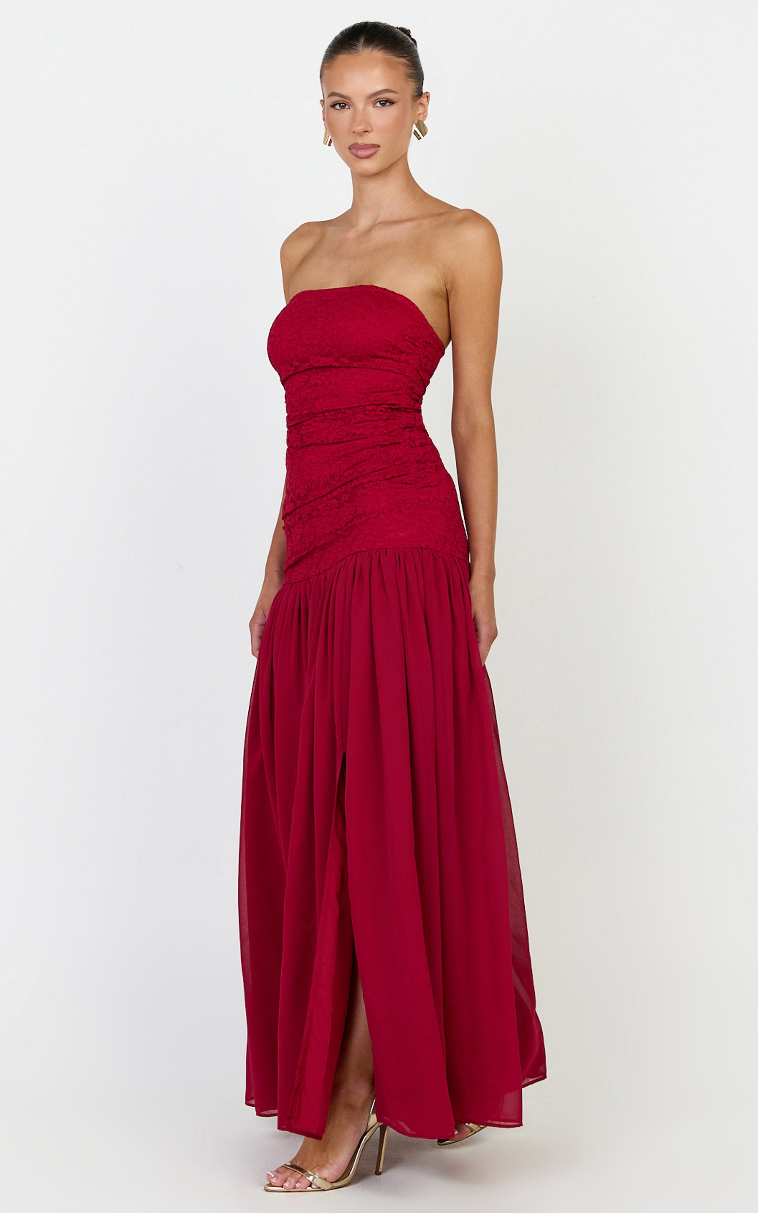 Kyra Maxi Dress - Strapless Lace Bodice Contrast Skirt Dress in Wine - View 2