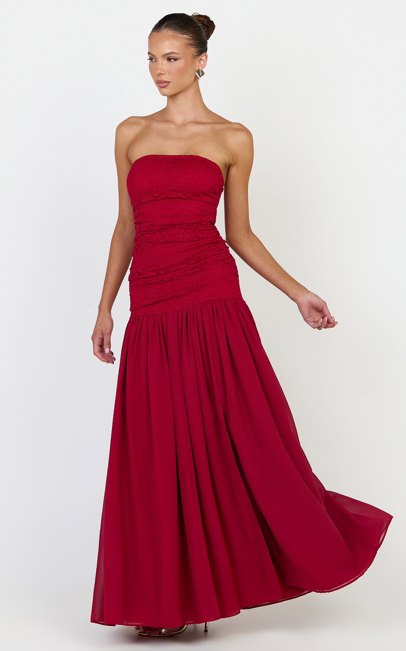 Kyra Maxi Dress - Strapless Lace Bodice Contrast Skirt Dress in Wine - View 4