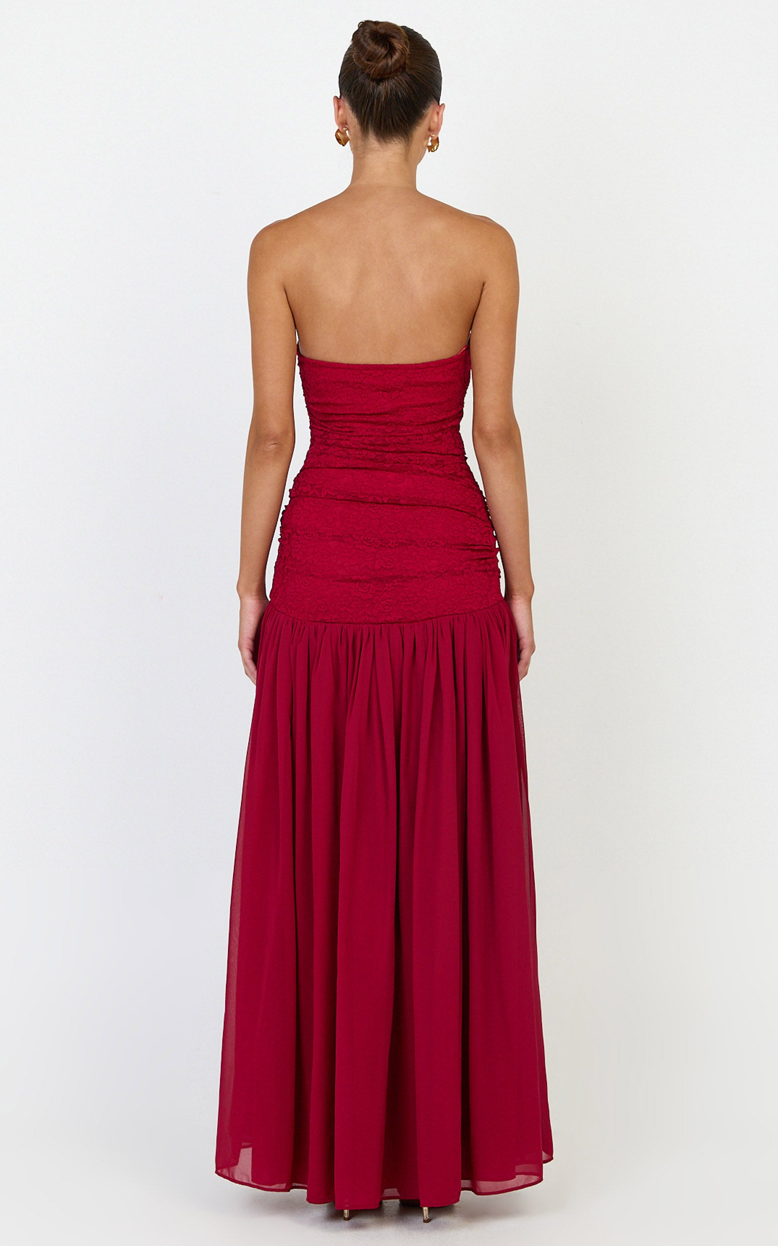 Kyra Maxi Dress - Strapless Lace Bodice Contrast Skirt Dress in Wine - View 5