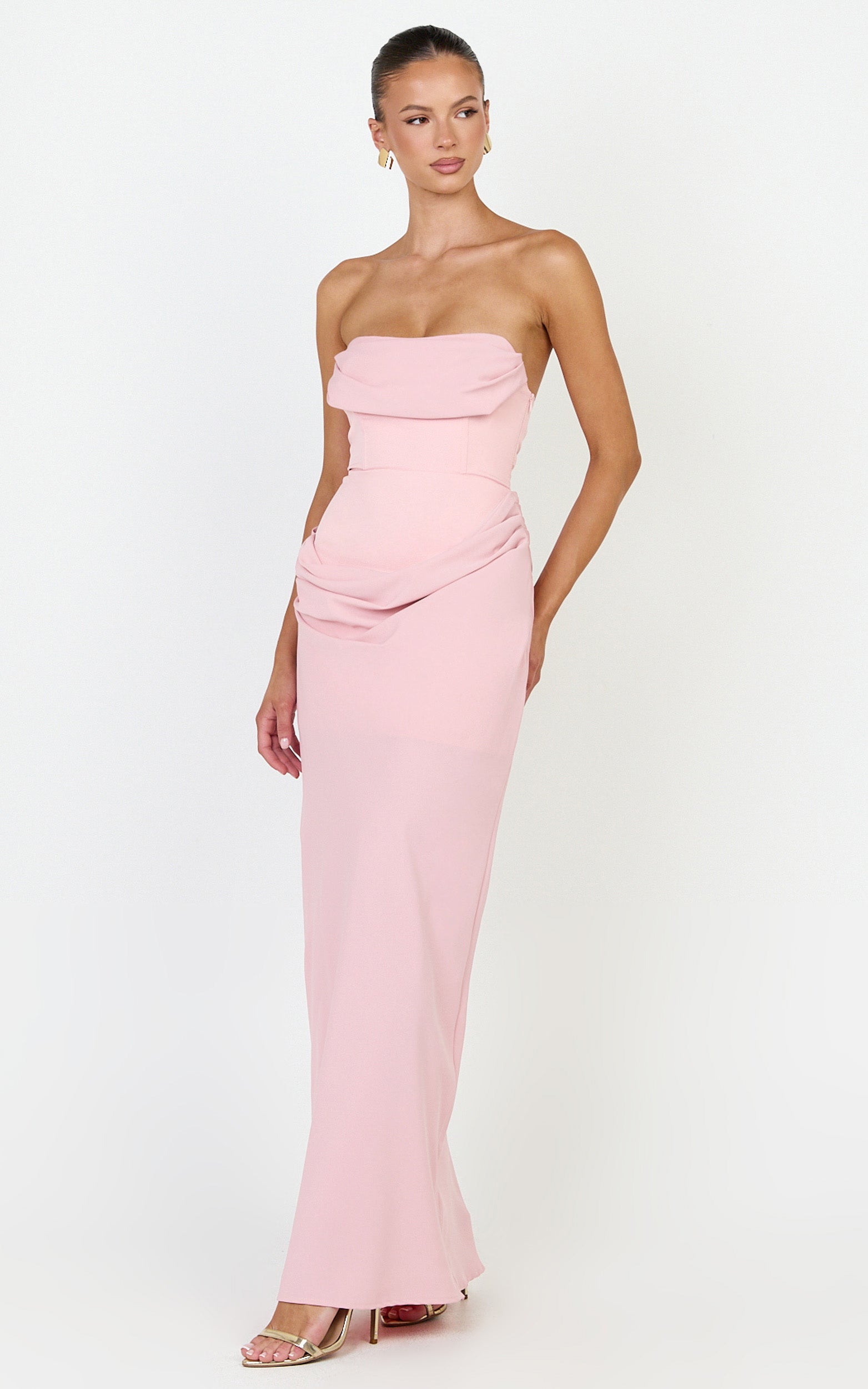 Phoebe Maxi Dress - Strapless Structured Bodice Drape Skirt Dress in Pink - View 4