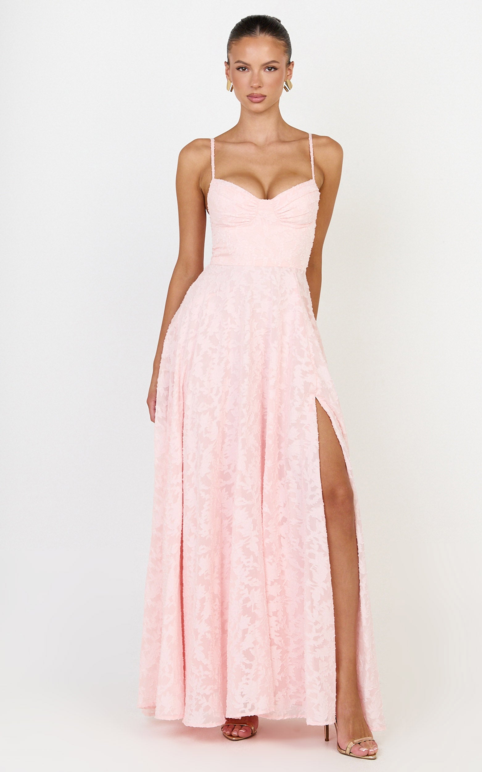 Rachel Maxi Dress - Sweetheart Neckline Jacquard Front Split Dress in Pink - View 7