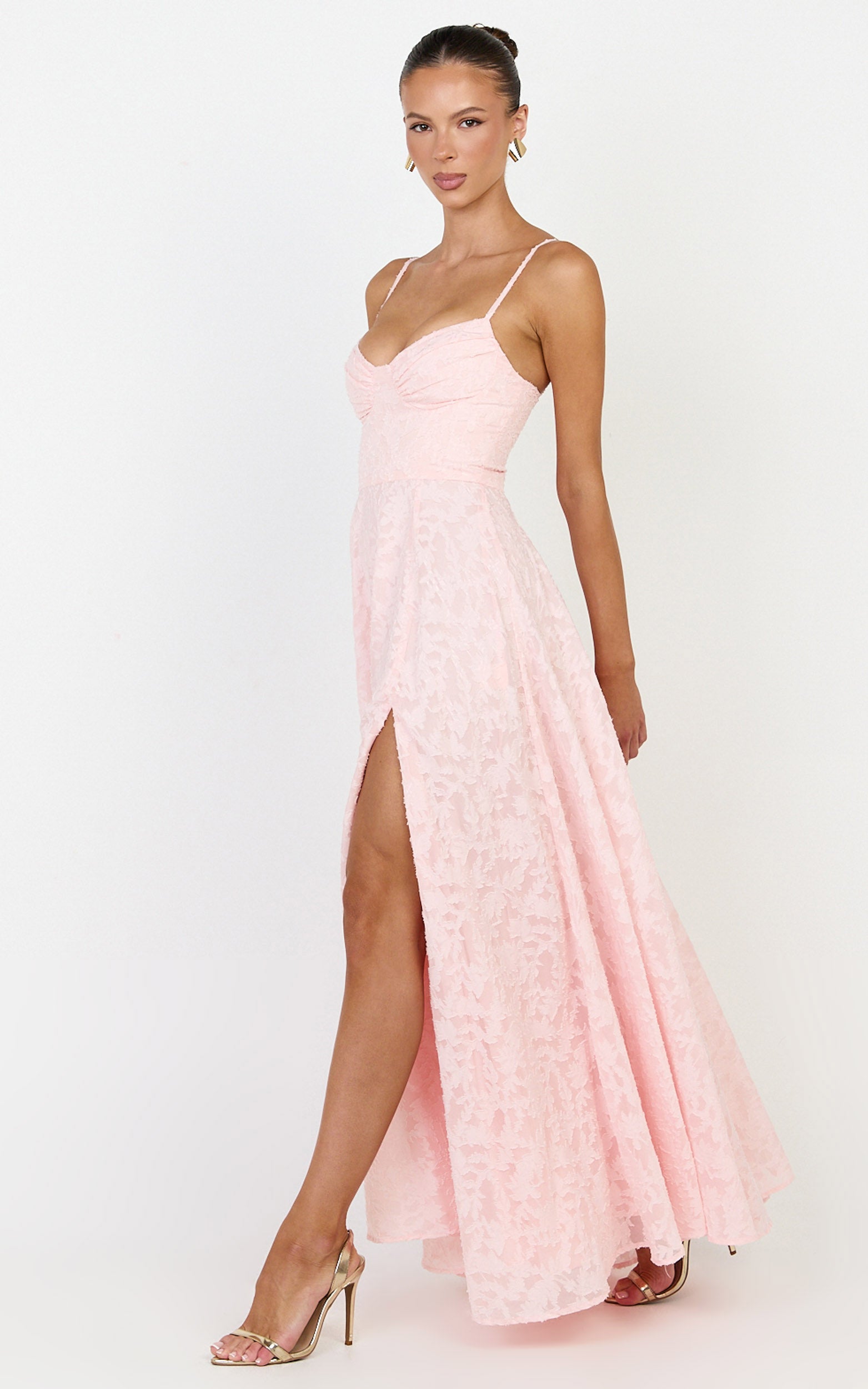 Rachel Maxi Dress - Sweetheart Neckline Jacquard Front Split Dress in Pink - View 3