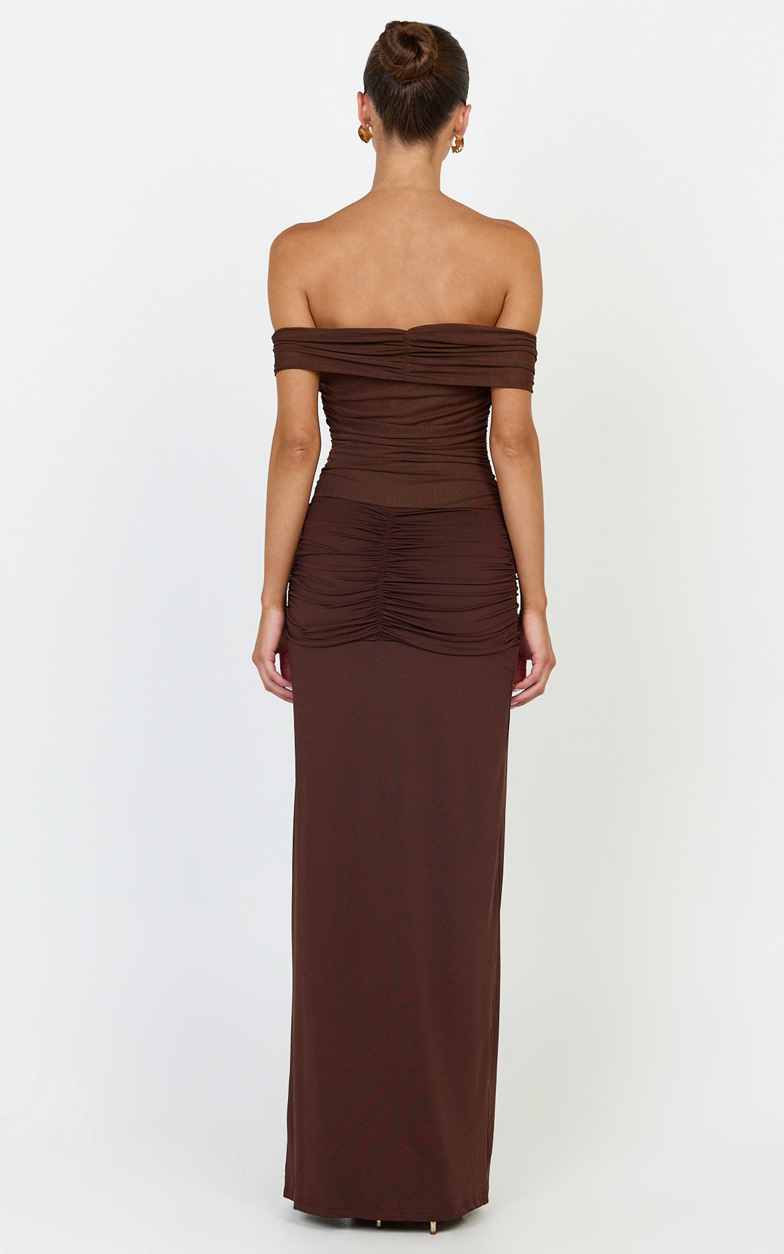 Vienna Maxi Dress - Off Shoulder Gathered Bodice Dress in Chocolate - View 5