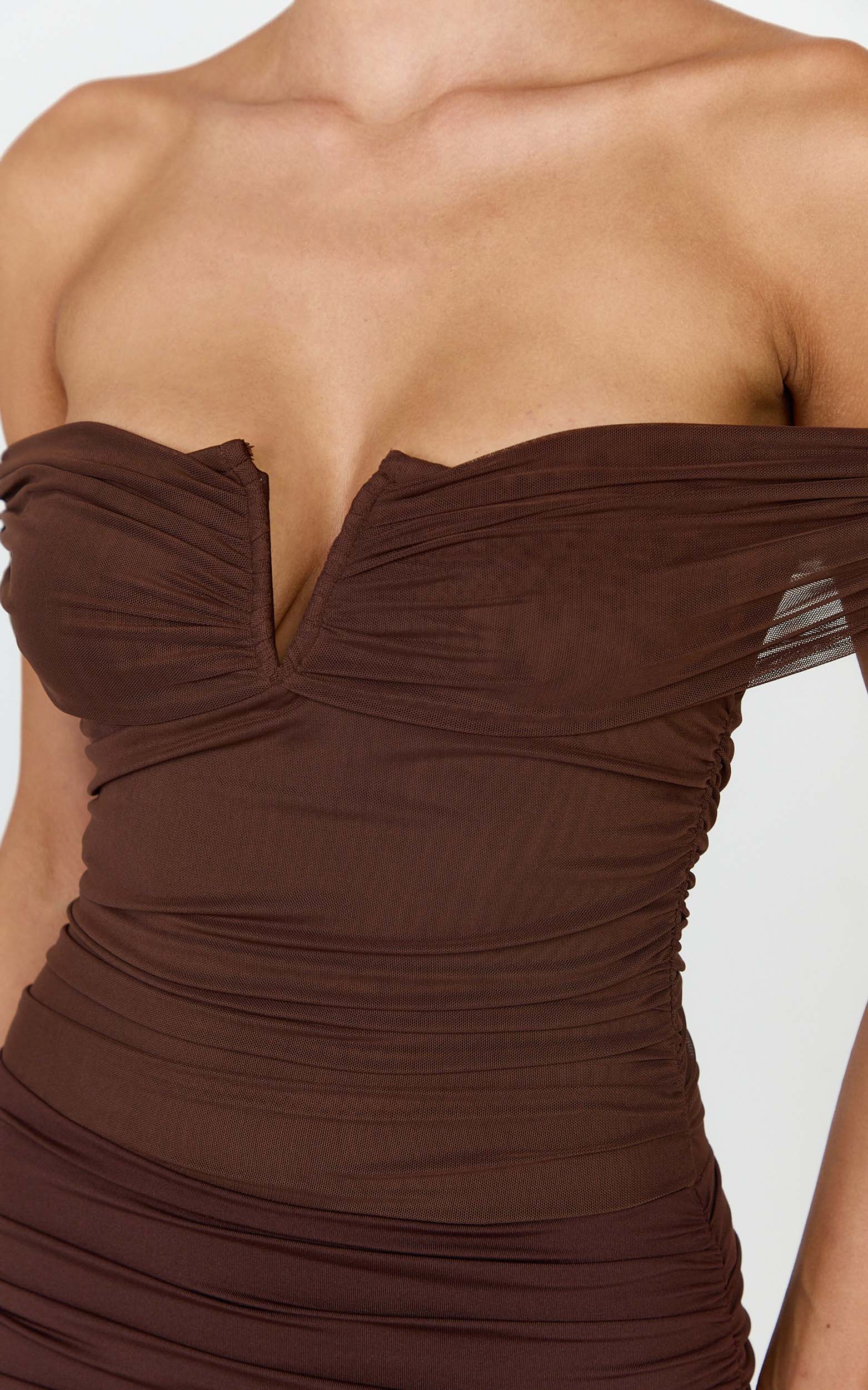 Vienna Maxi Dress - Off Shoulder Gathered Bodice Dress in Chocolate - View 6