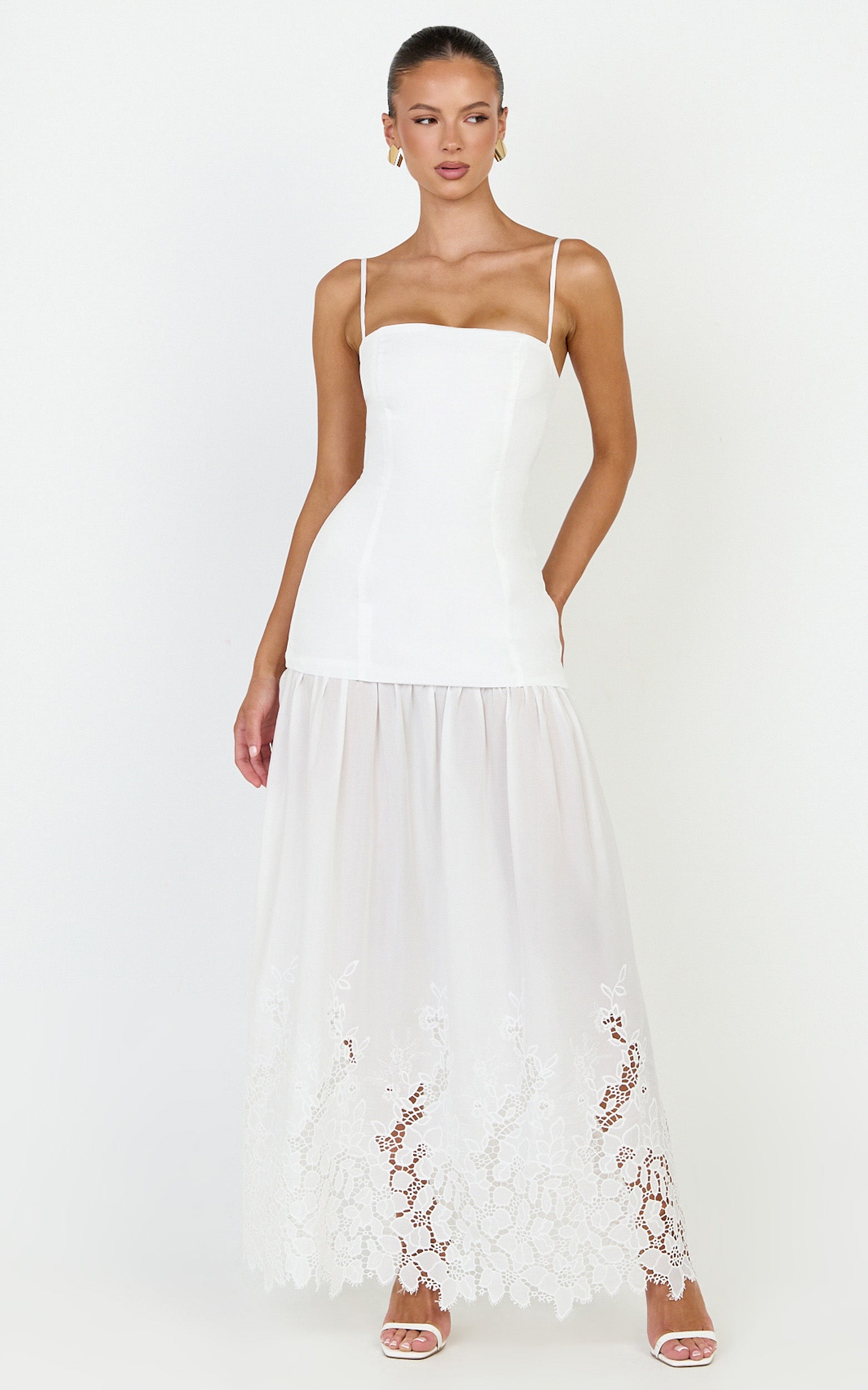 Everly Maxi Dress - Straight Neck Broderie Cut Out Hem Dress in White - View 5