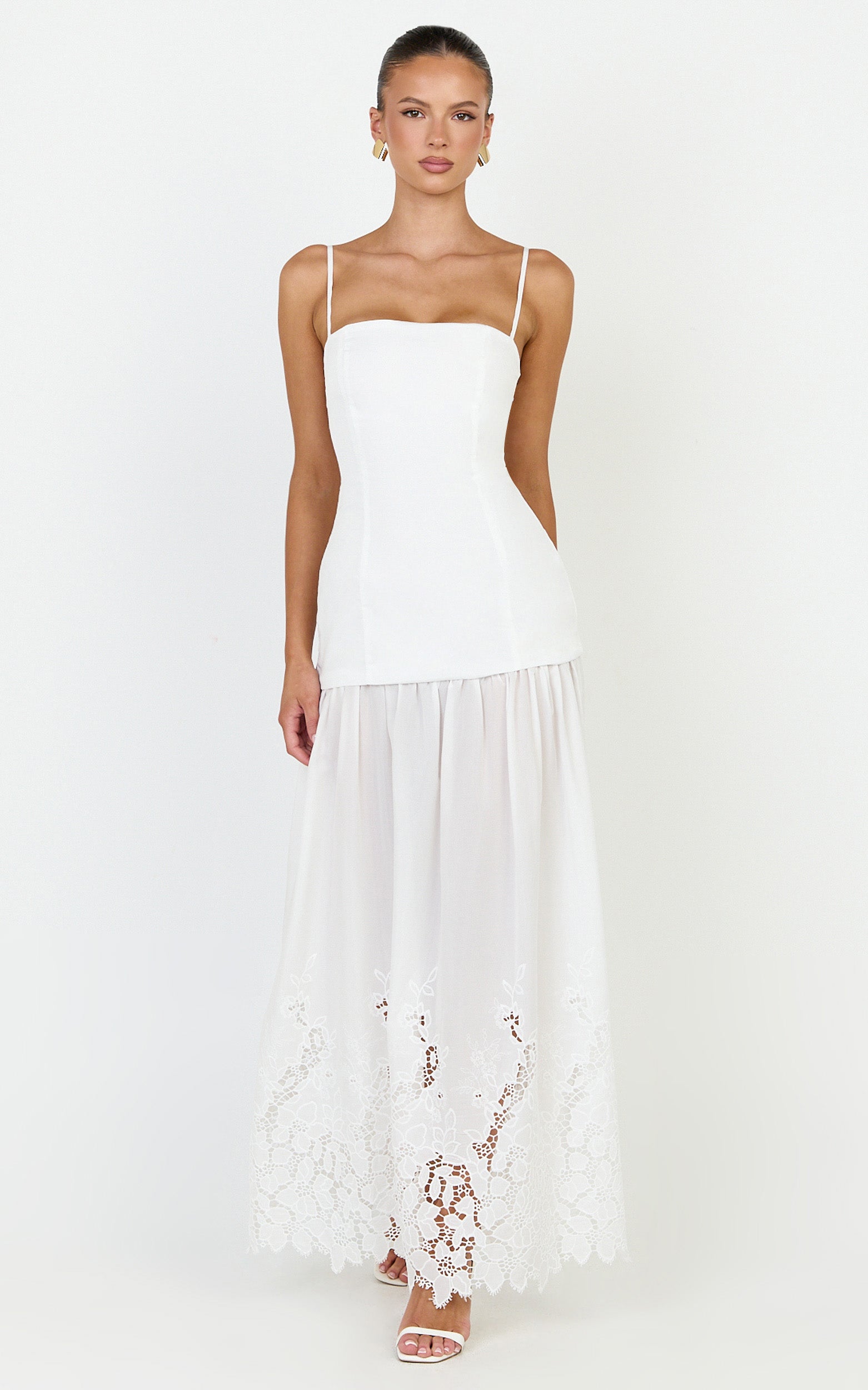 Everly Maxi Dress - Straight Neck Broderie Cut Out Hem Dress in White - View 7