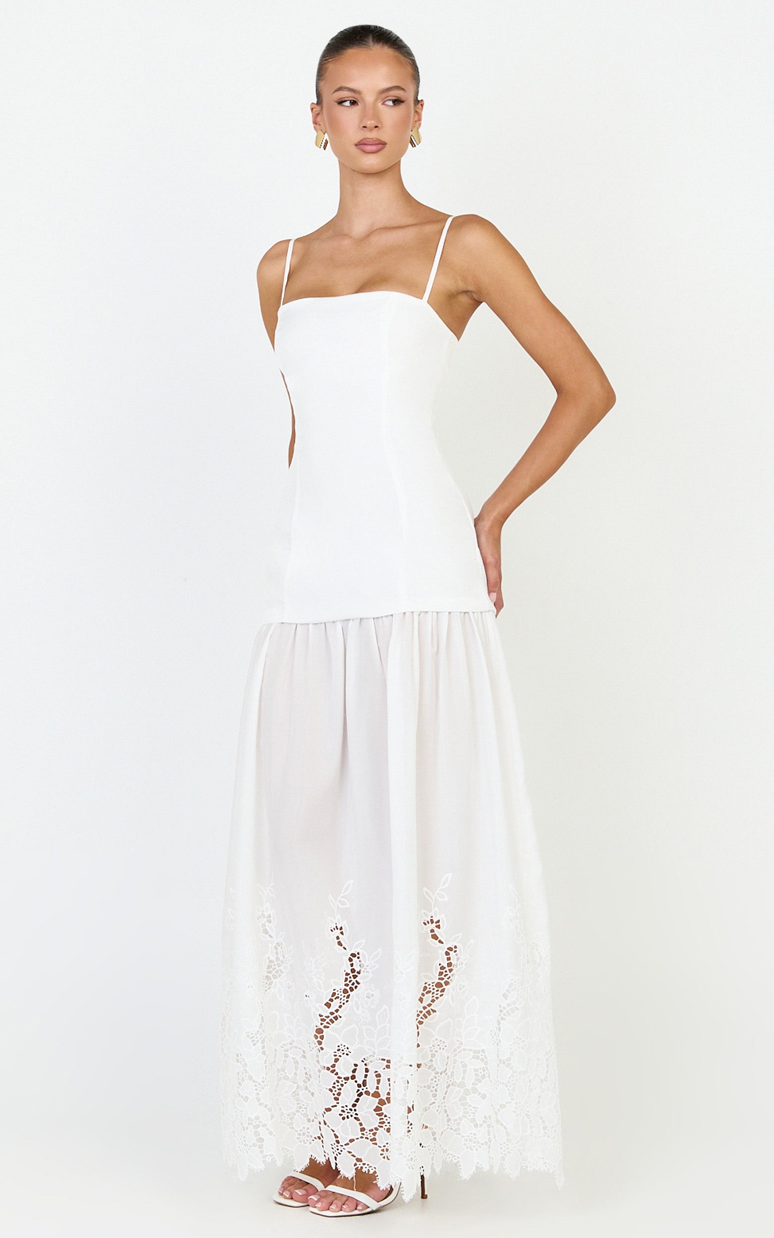 Everly Maxi Dress - Straight Neck Broderie Cut Out Hem Dress in White - View 3