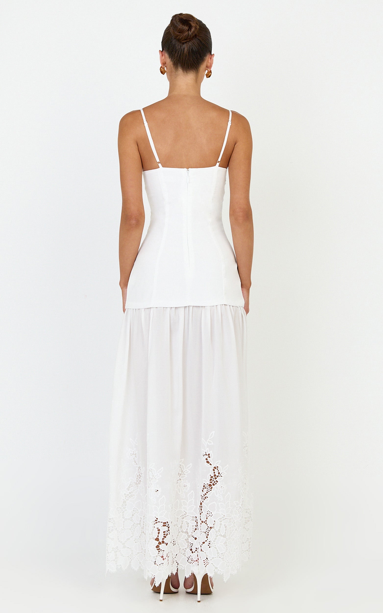 Everly Maxi Dress - Straight Neck Broderie Cut Out Hem Dress in White - View 8