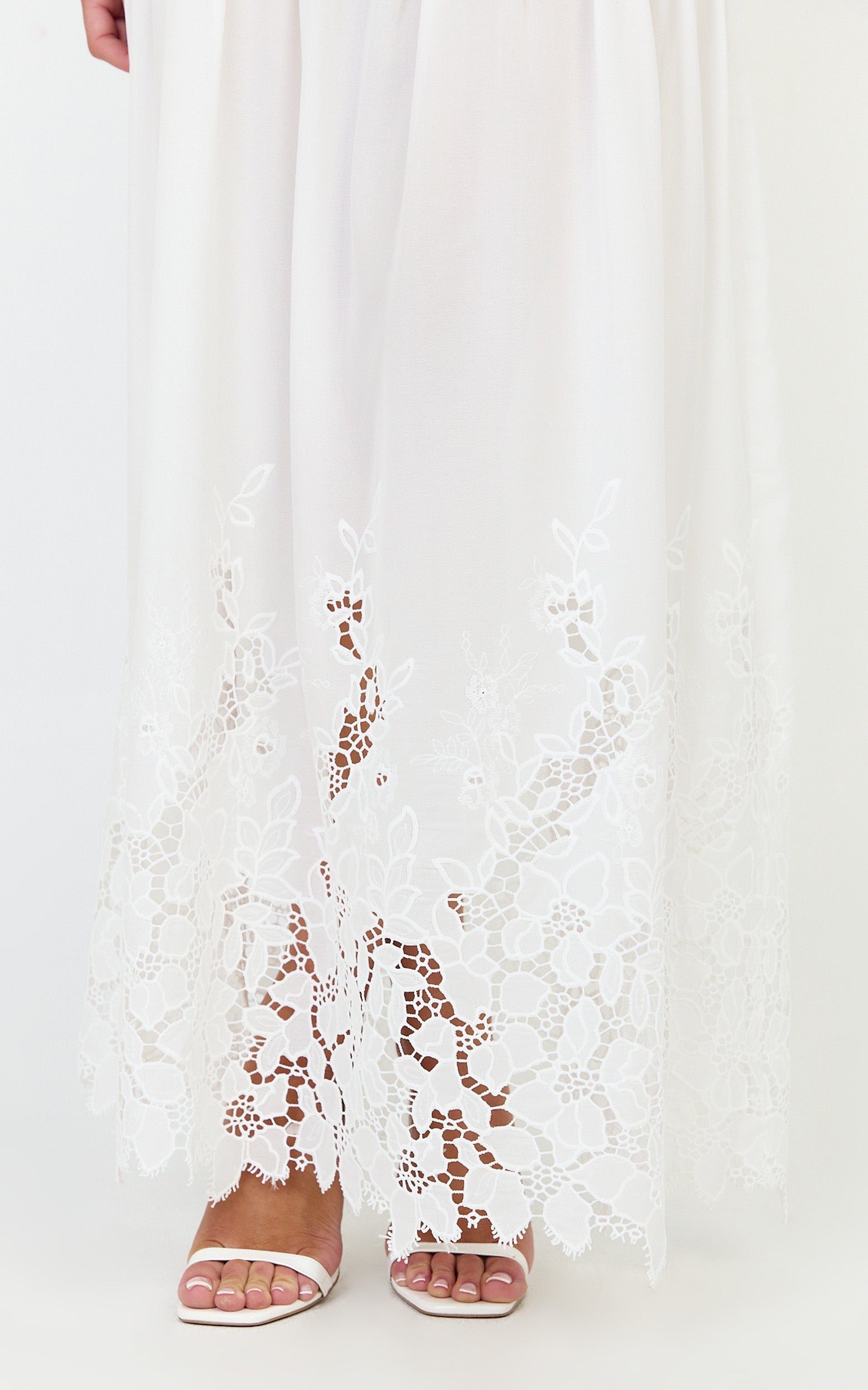 Everly Maxi Dress - Straight Neck Broderie Cut Out Hem Dress in White - View 9