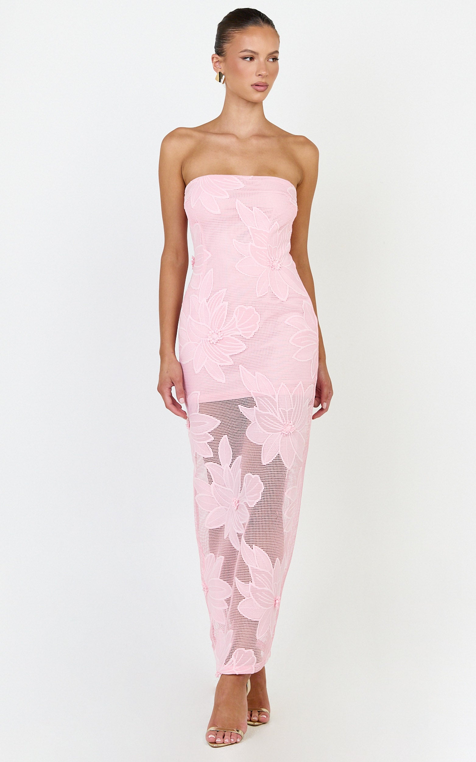 Sienna Midi Dress - Strapless Floral Embroidered Bodycon Dress in Pink - View 3
