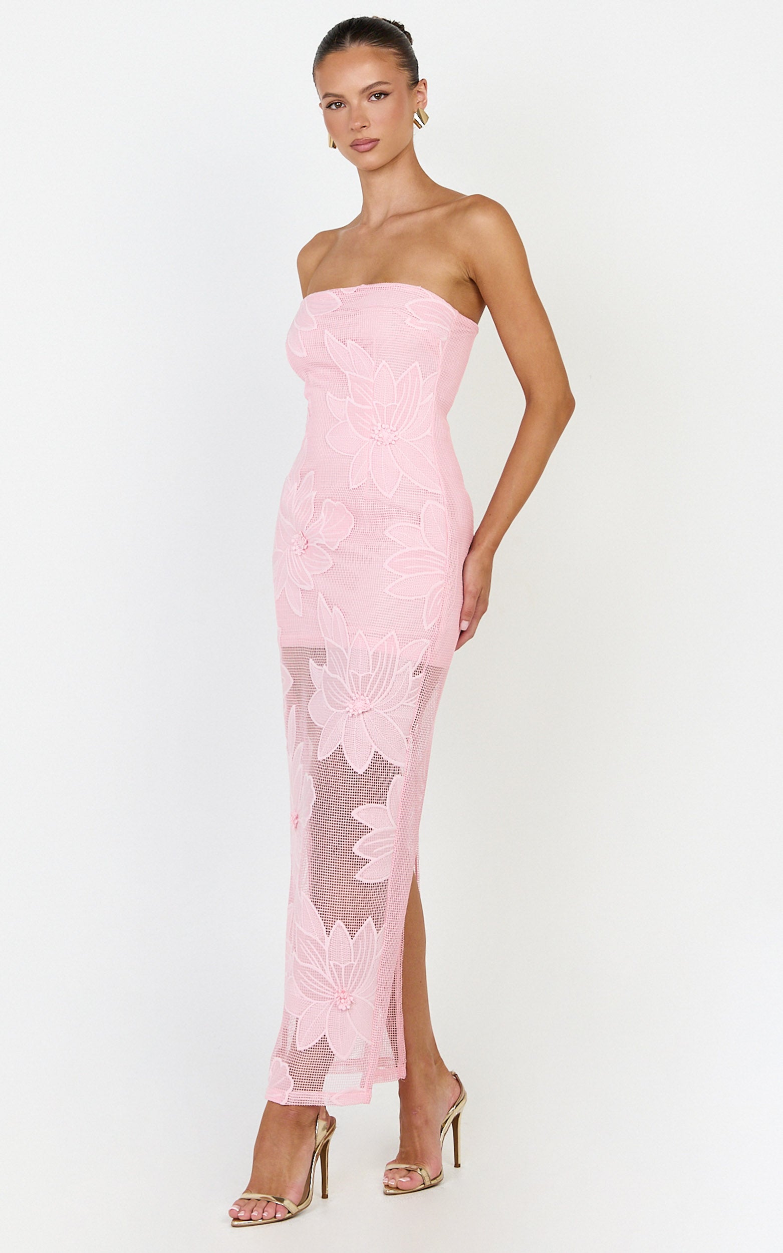 Sienna Midi Dress - Strapless Floral Embroidered Bodycon Dress in Pink - View 2