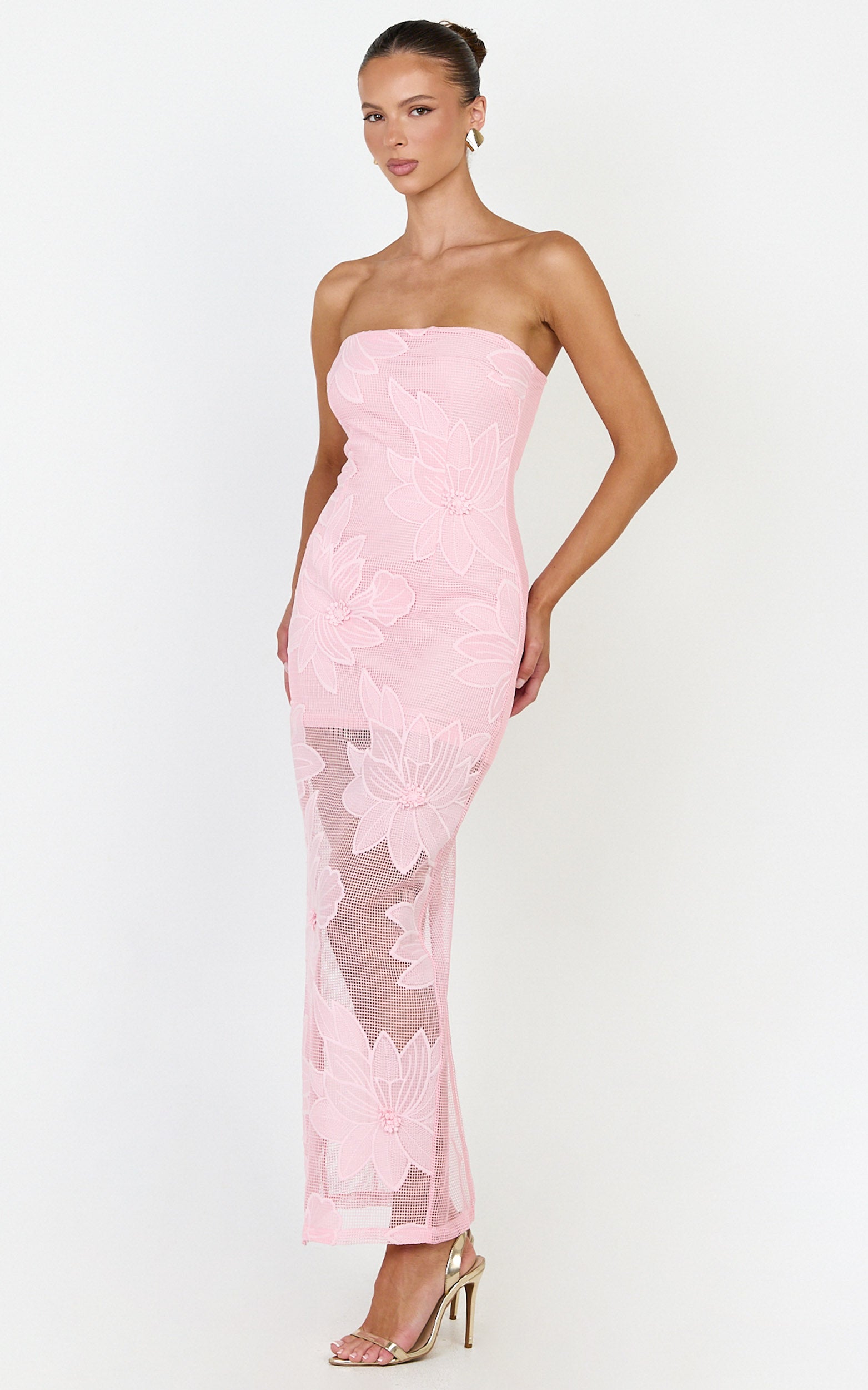 Sienna Midi Dress - Strapless Floral Embroidered Bodycon Dress in Pink - View 4