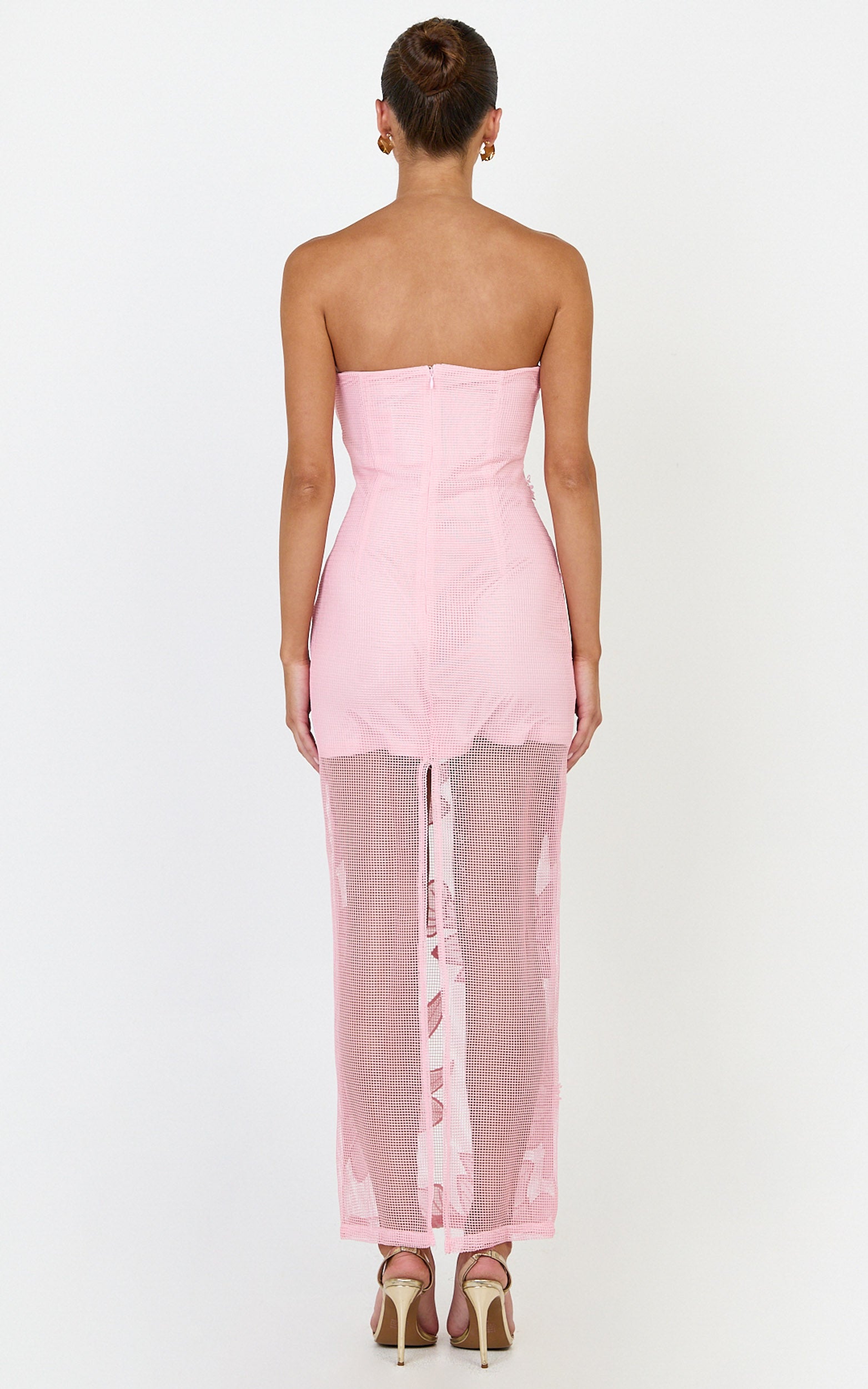 Sienna Midi Dress - Strapless Floral Embroidered Bodycon Dress in Pink - View 5