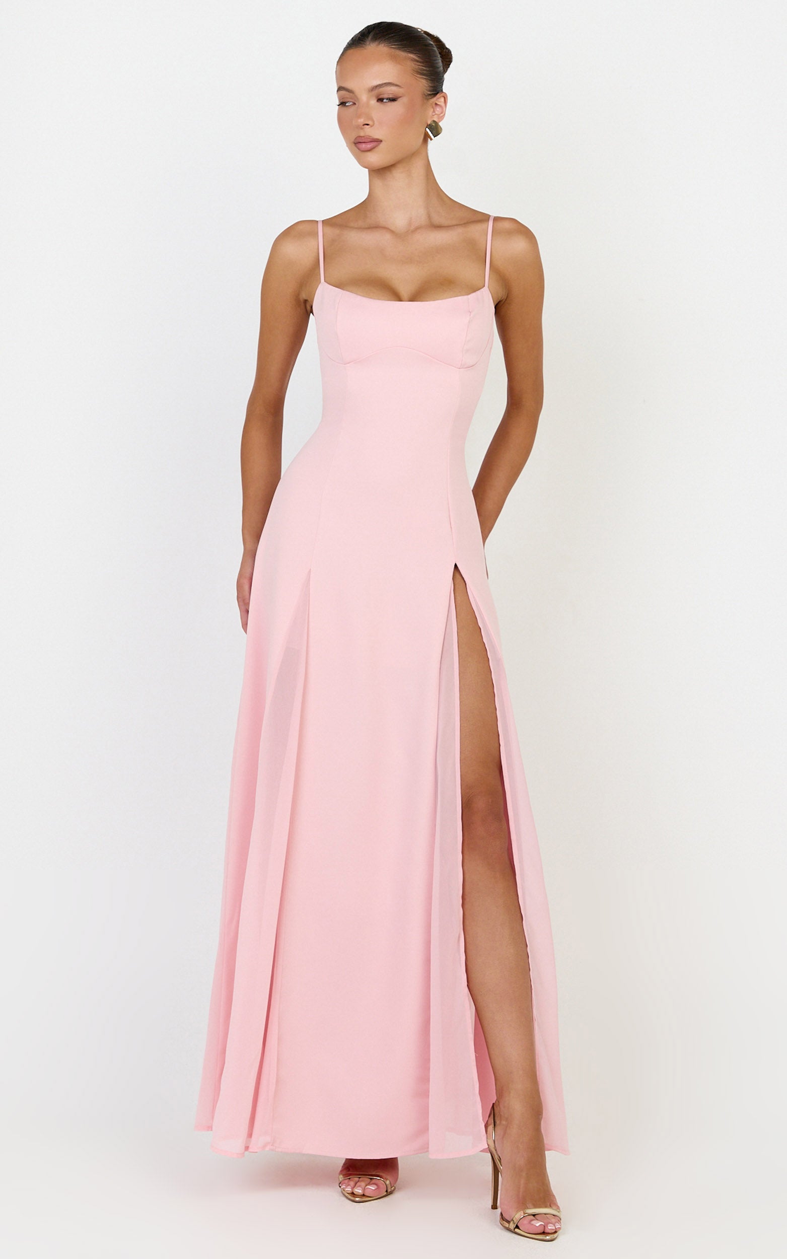 Juliette Maxi Dress - Sweetheart Neckline Georgette Godet Dress in Pink - View 4