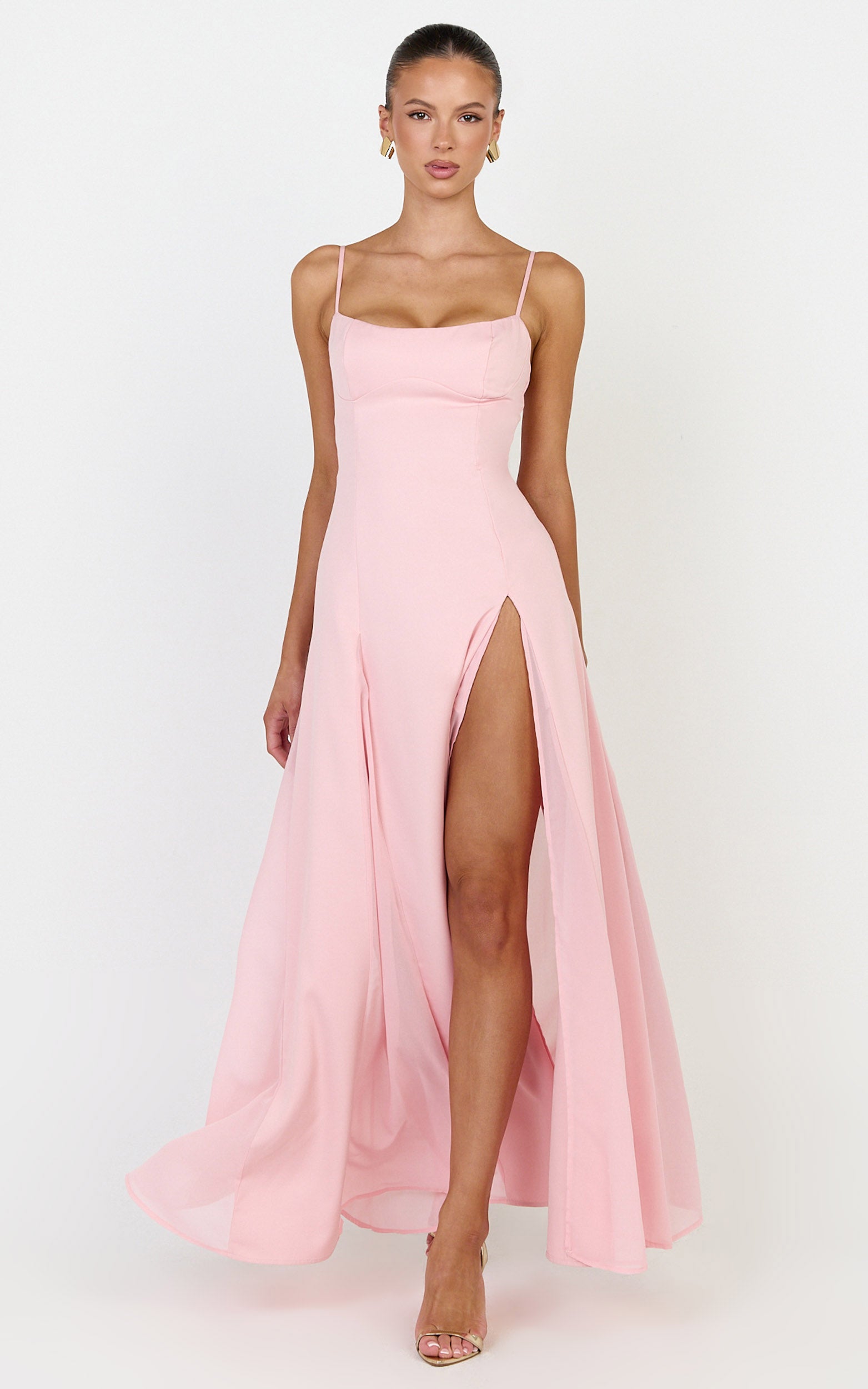 Juliette Maxi Dress - Sweetheart Neckline Georgette Godet Dress in Pink - View 1