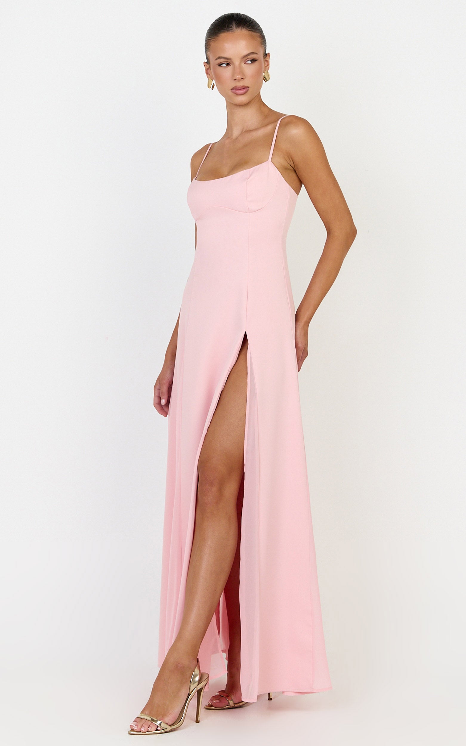 Juliette Maxi Dress - Sweetheart Neckline Georgette Godet Dress in Pink - View 2