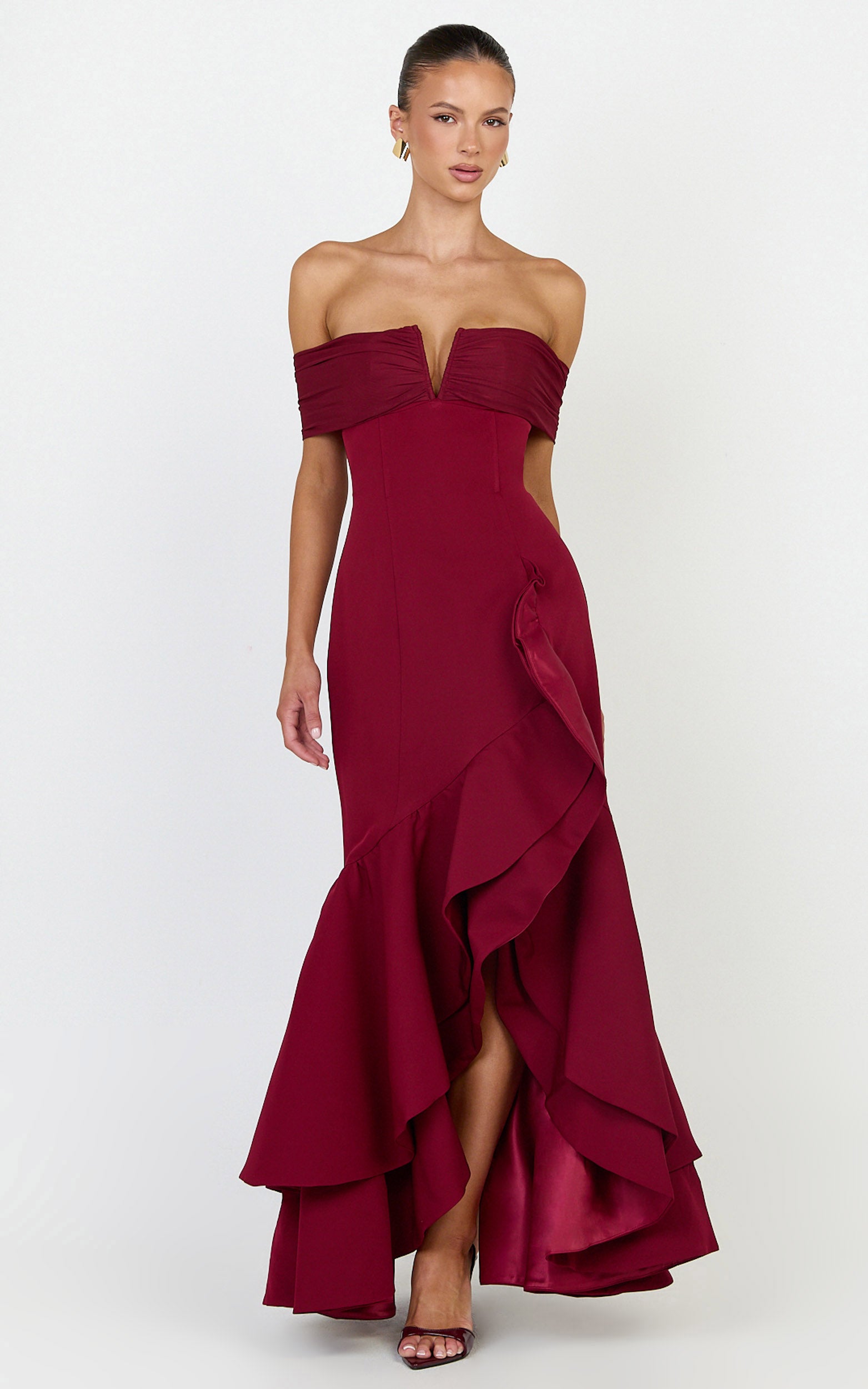 Vienna Maxi Dress - Off Shoulder Ruffle Hem Dress in Wine - View 4