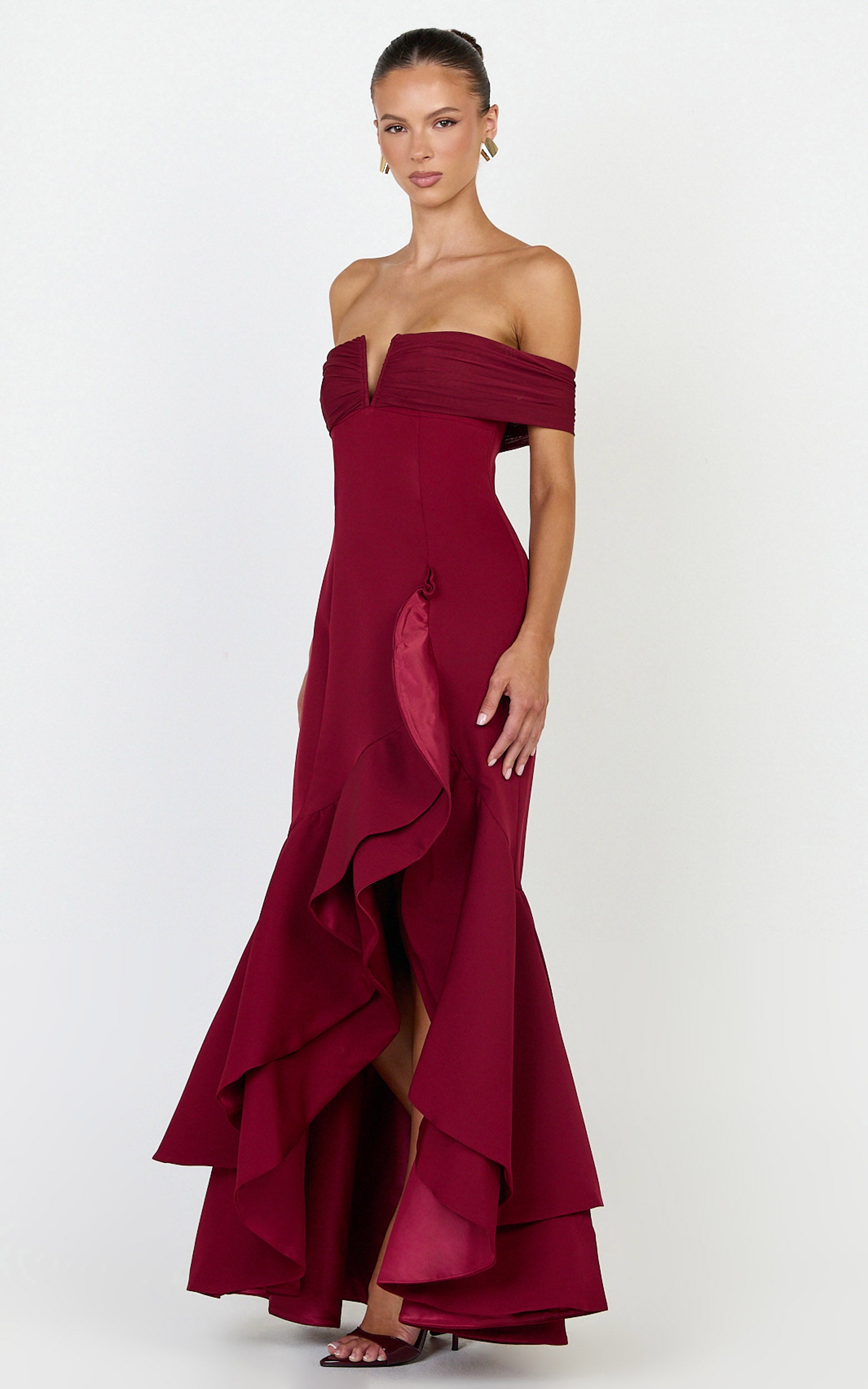 Vienna Maxi Dress - Off Shoulder Ruffle Hem Dress in Wine - View 3