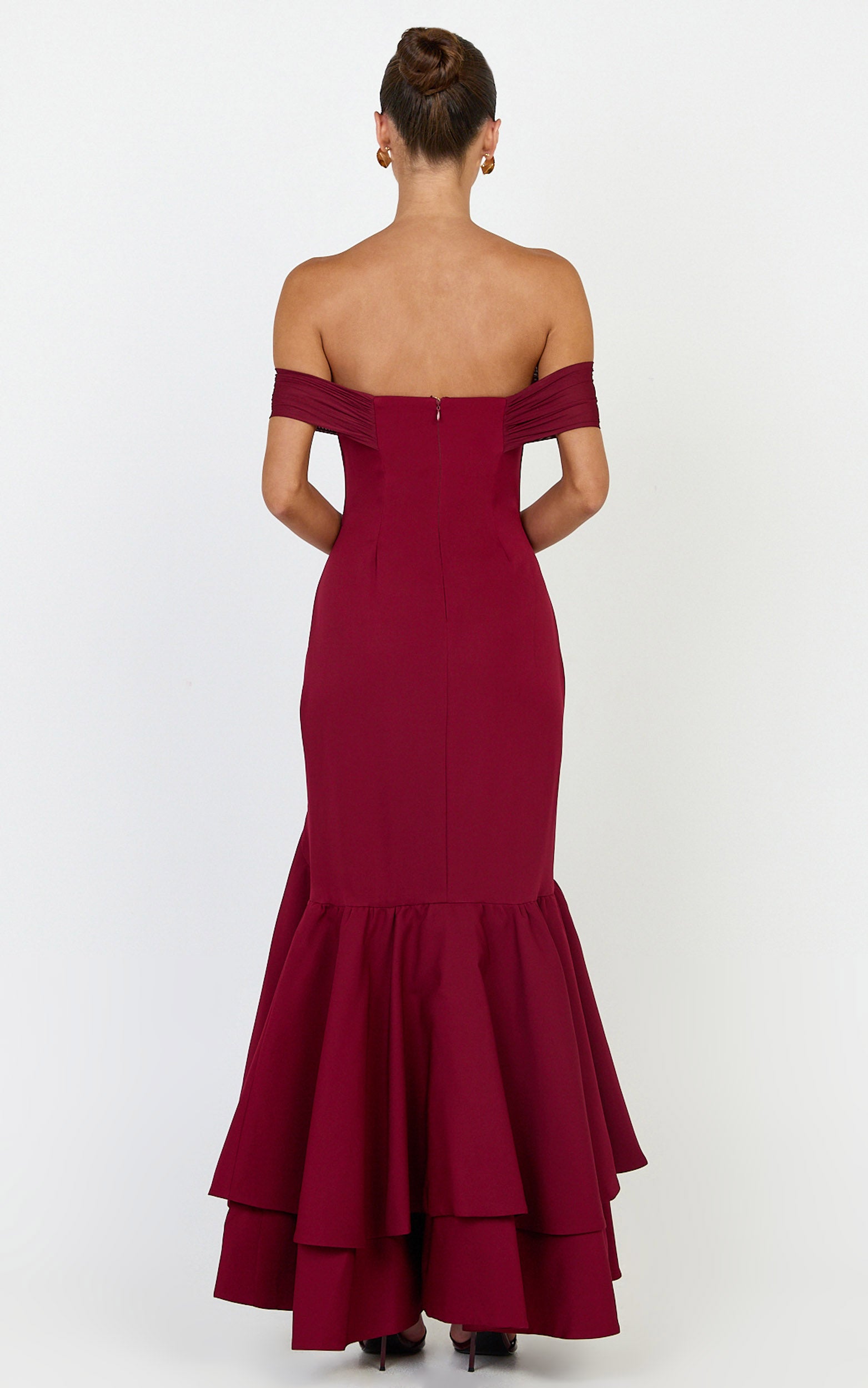 Vienna Maxi Dress - Off Shoulder Ruffle Hem Dress in Wine - View 5