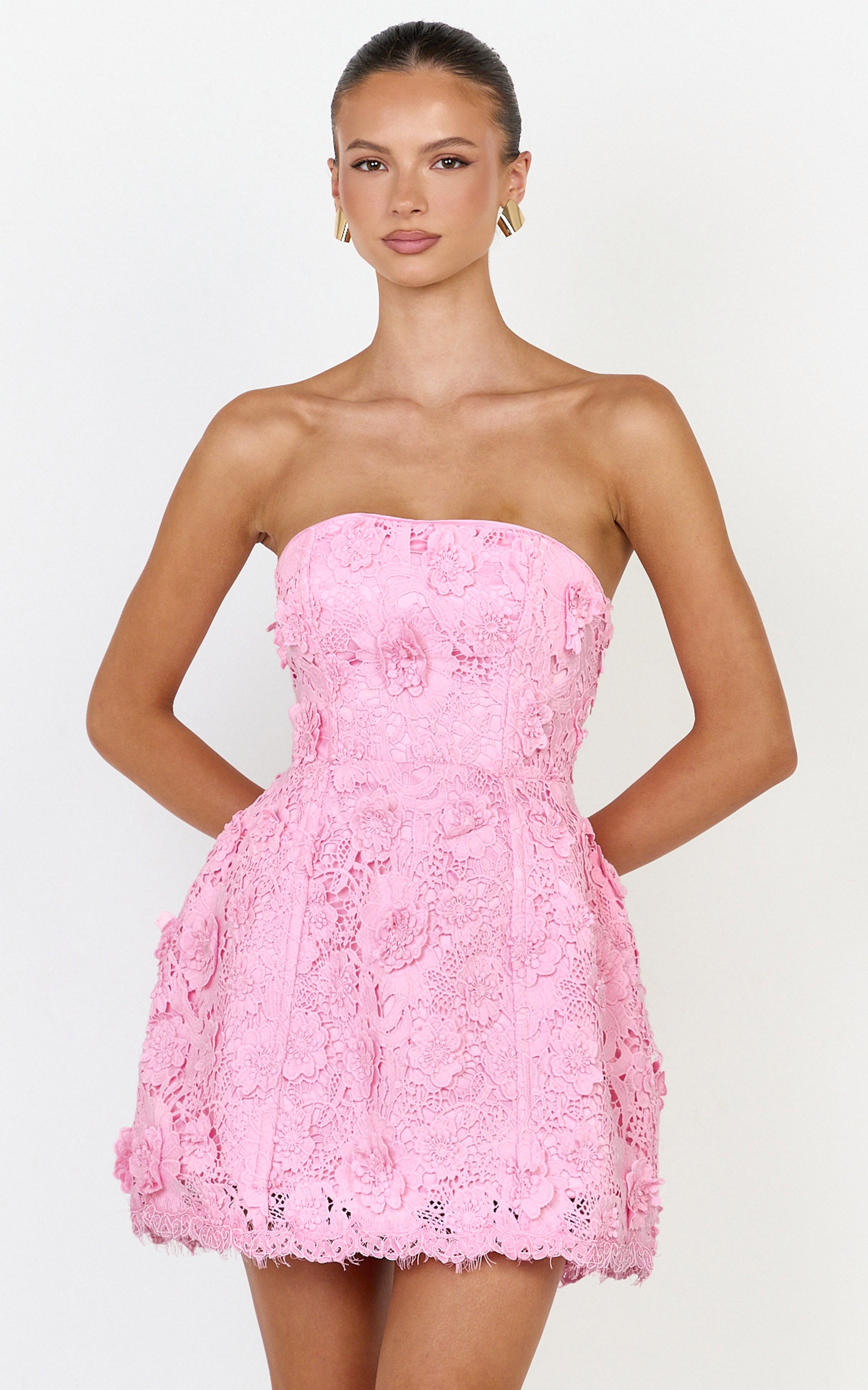 Maristella Mini Dress - Strapless Lace Up Back A Line Dress in Pink - View 4