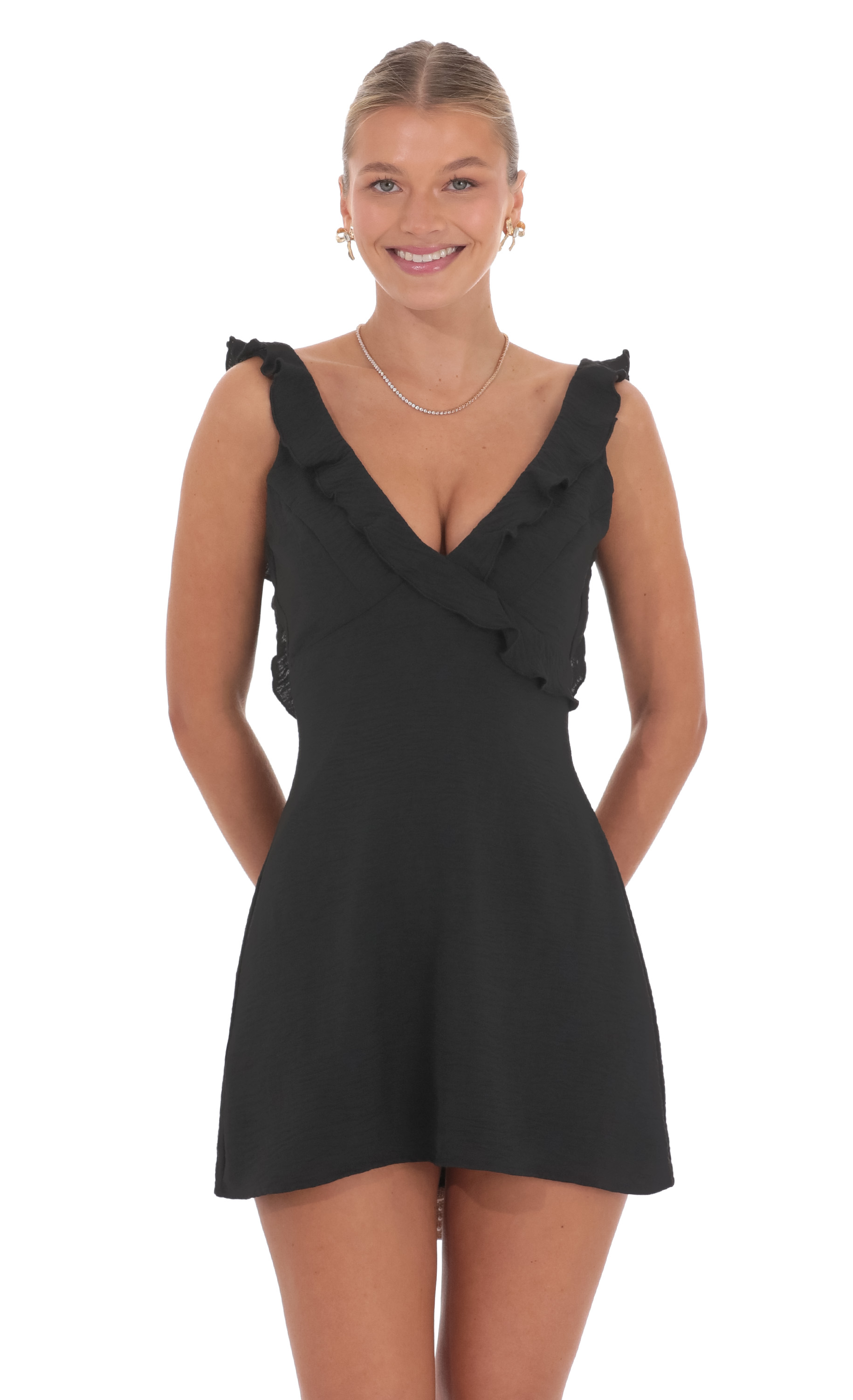 Ruffle V-Neck Mini Dress in Black - view 2