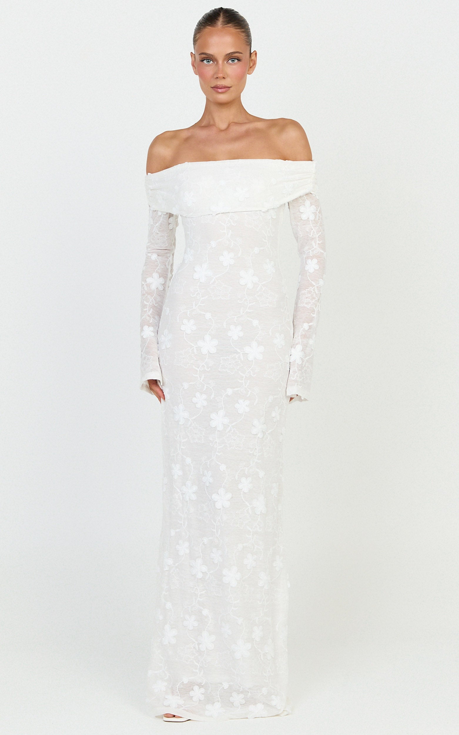 Aurelle Maxi Dress - Off Shoulder Floral Embroidered Dress in Ivory - View 4