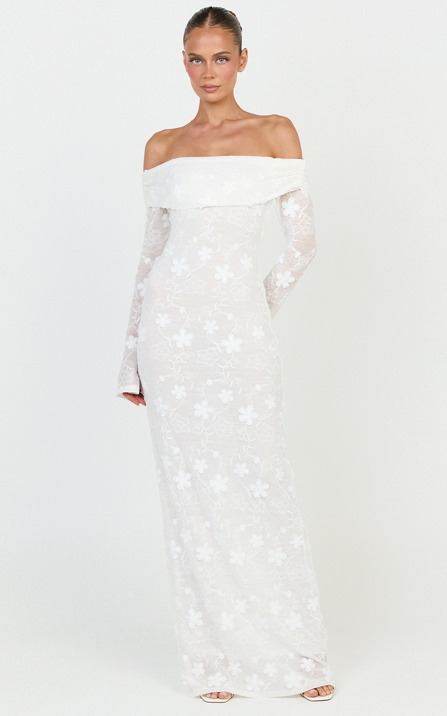 Aurelle Maxi Dress - Off Shoulder Floral Embroidered Dress in Ivory - View 3