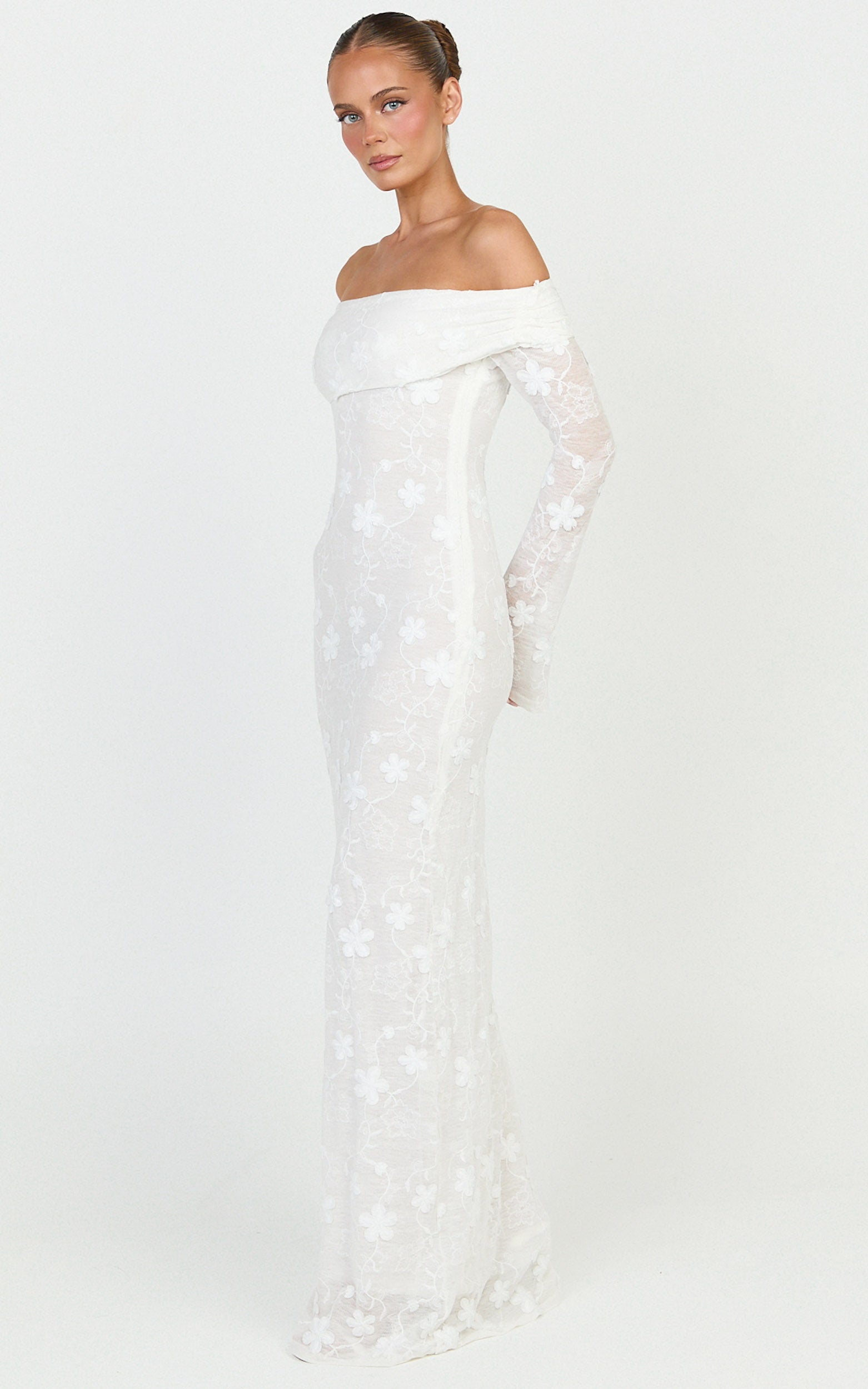 Aurelle Maxi Dress - Off Shoulder Floral Embroidered Dress in Ivory - View 2