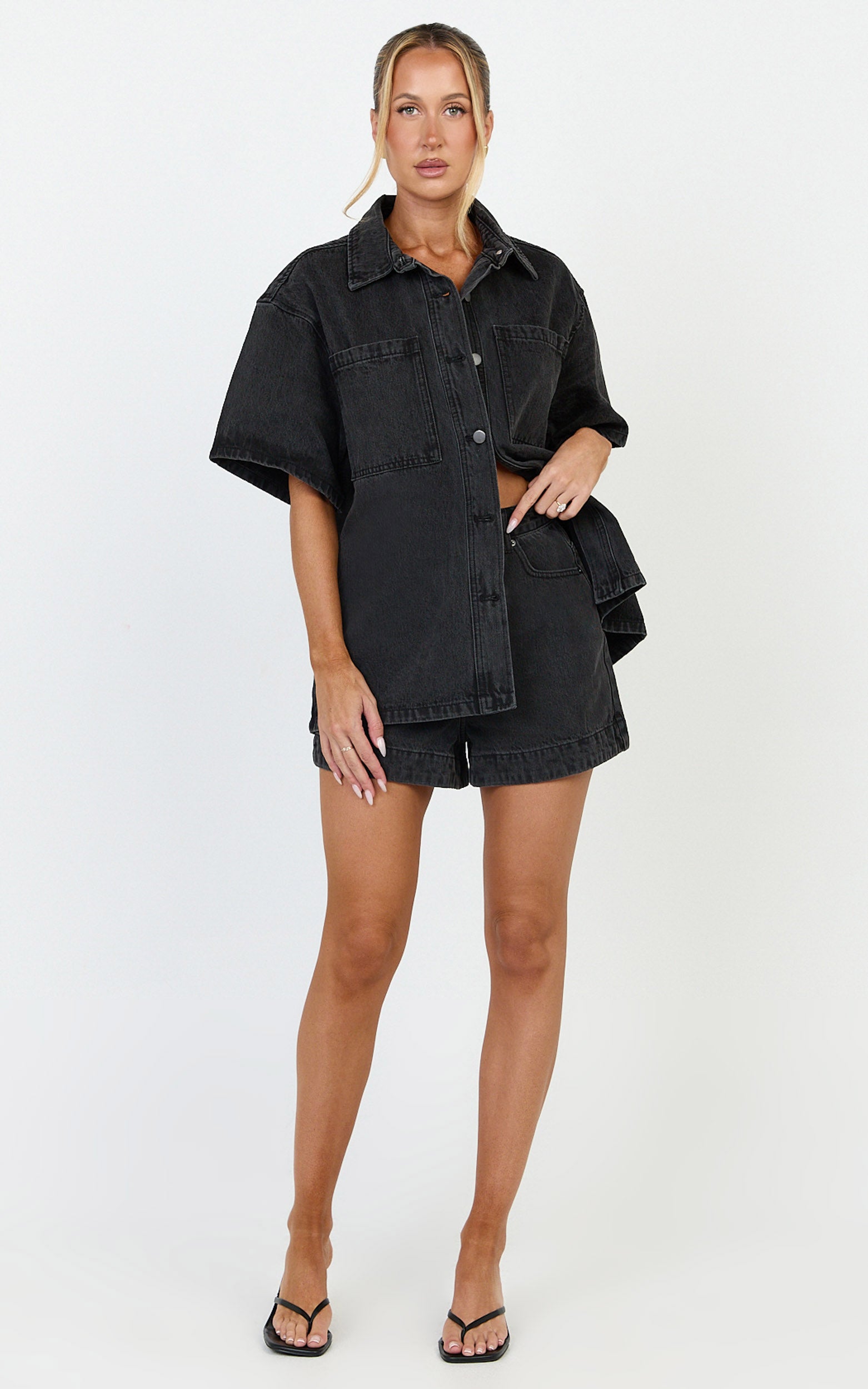Iris Top - Oversized Recycled Denim Short Sleeve Shirt in Black - View 3