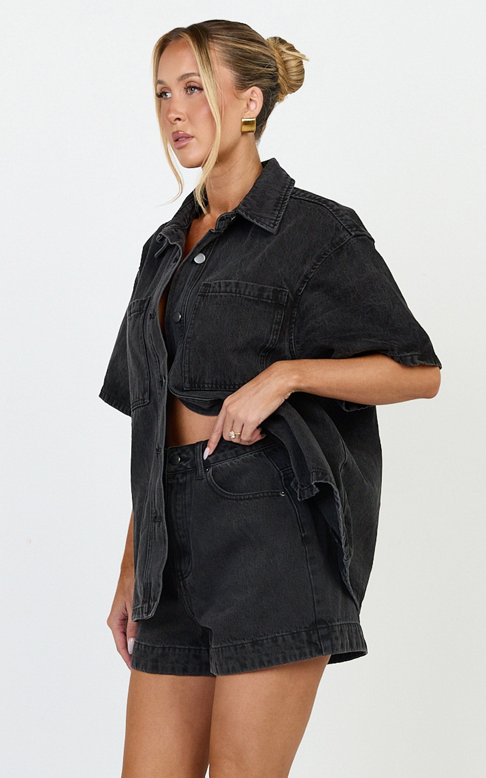 Iris Top - Oversized Recycled Denim Short Sleeve Shirt in Black - View 5