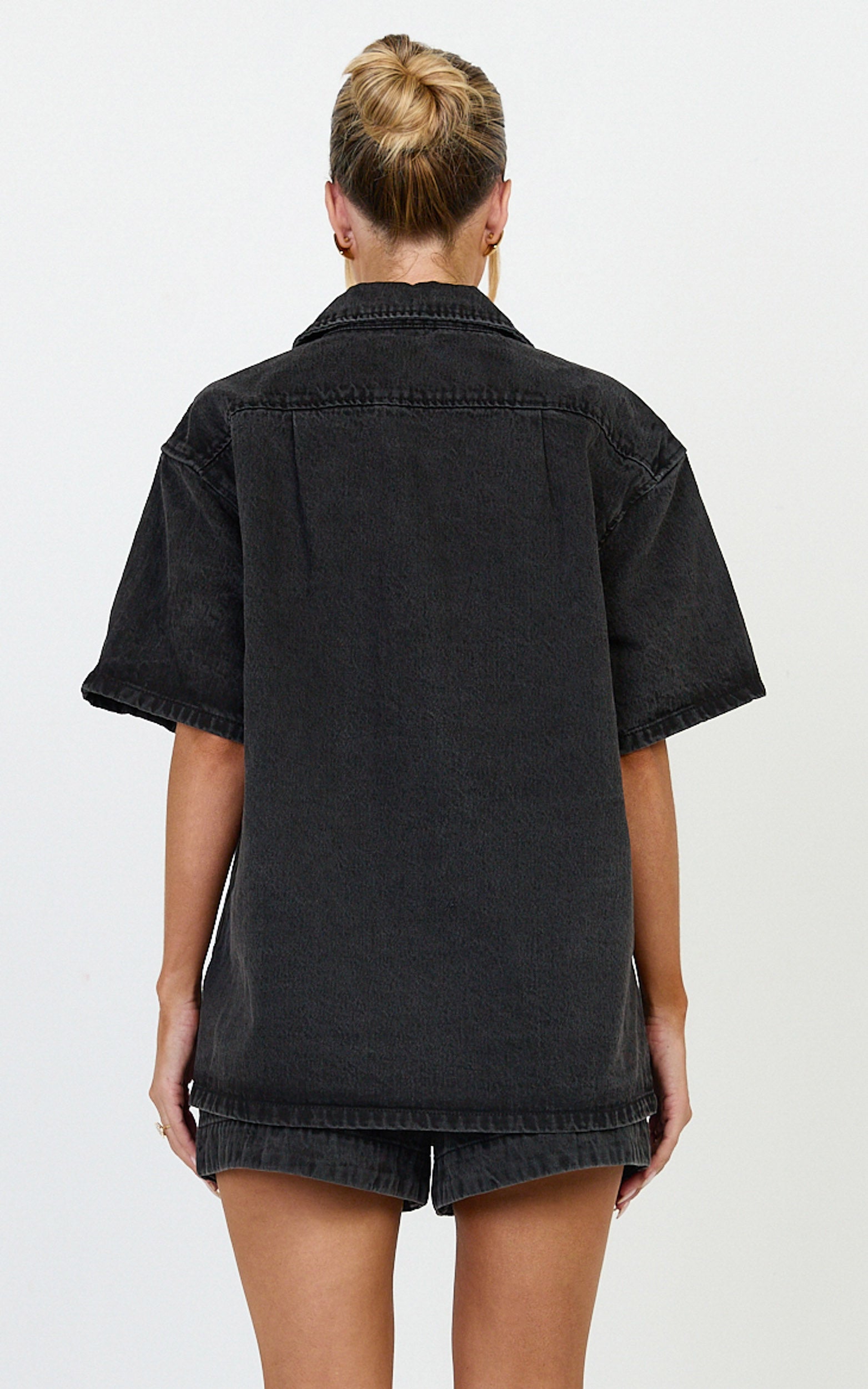 Iris Top - Oversized Recycled Denim Short Sleeve Shirt in Black - View 8